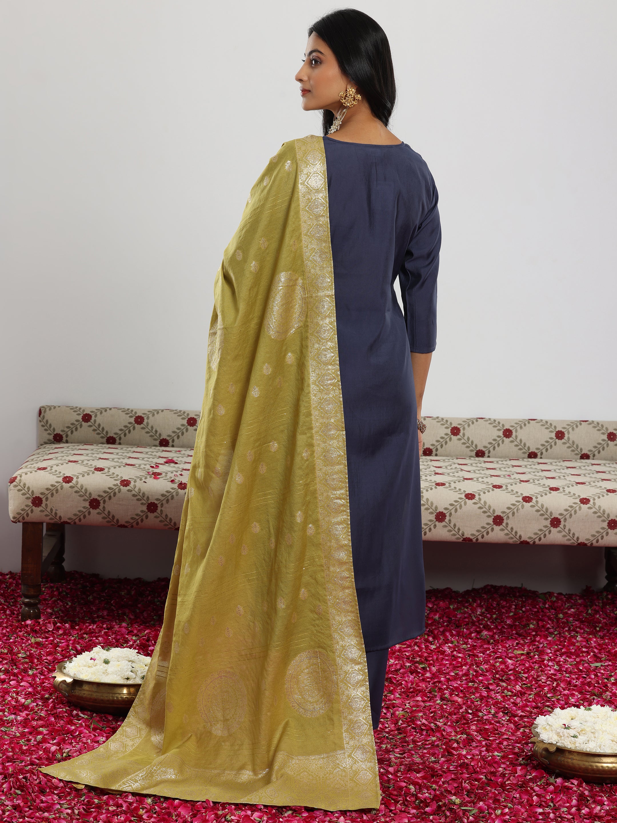 Blue Yoke Design Silk Blend Straight Suit With Dupatta