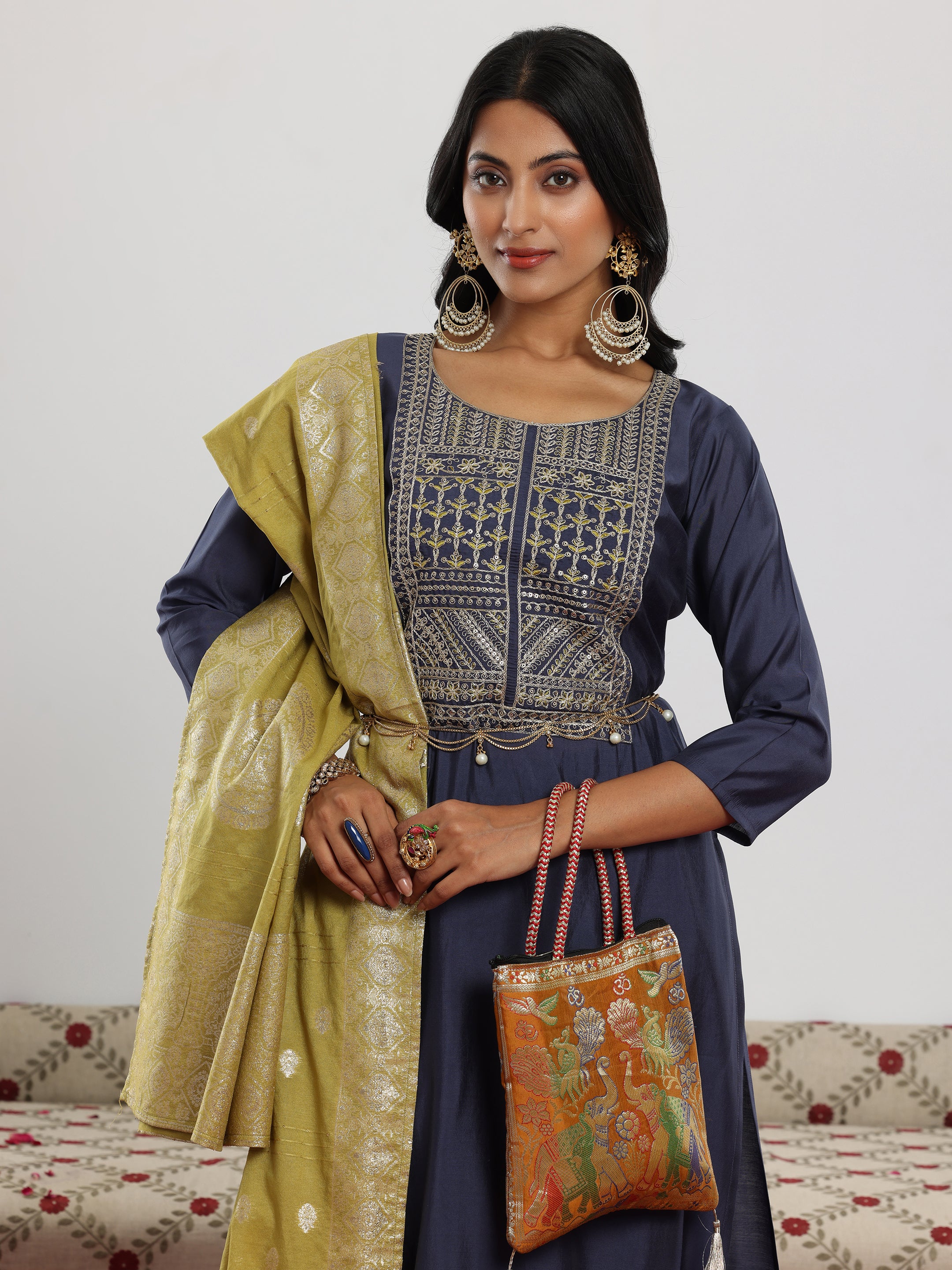 Blue Yoke Design Silk Blend Straight Suit With Dupatta