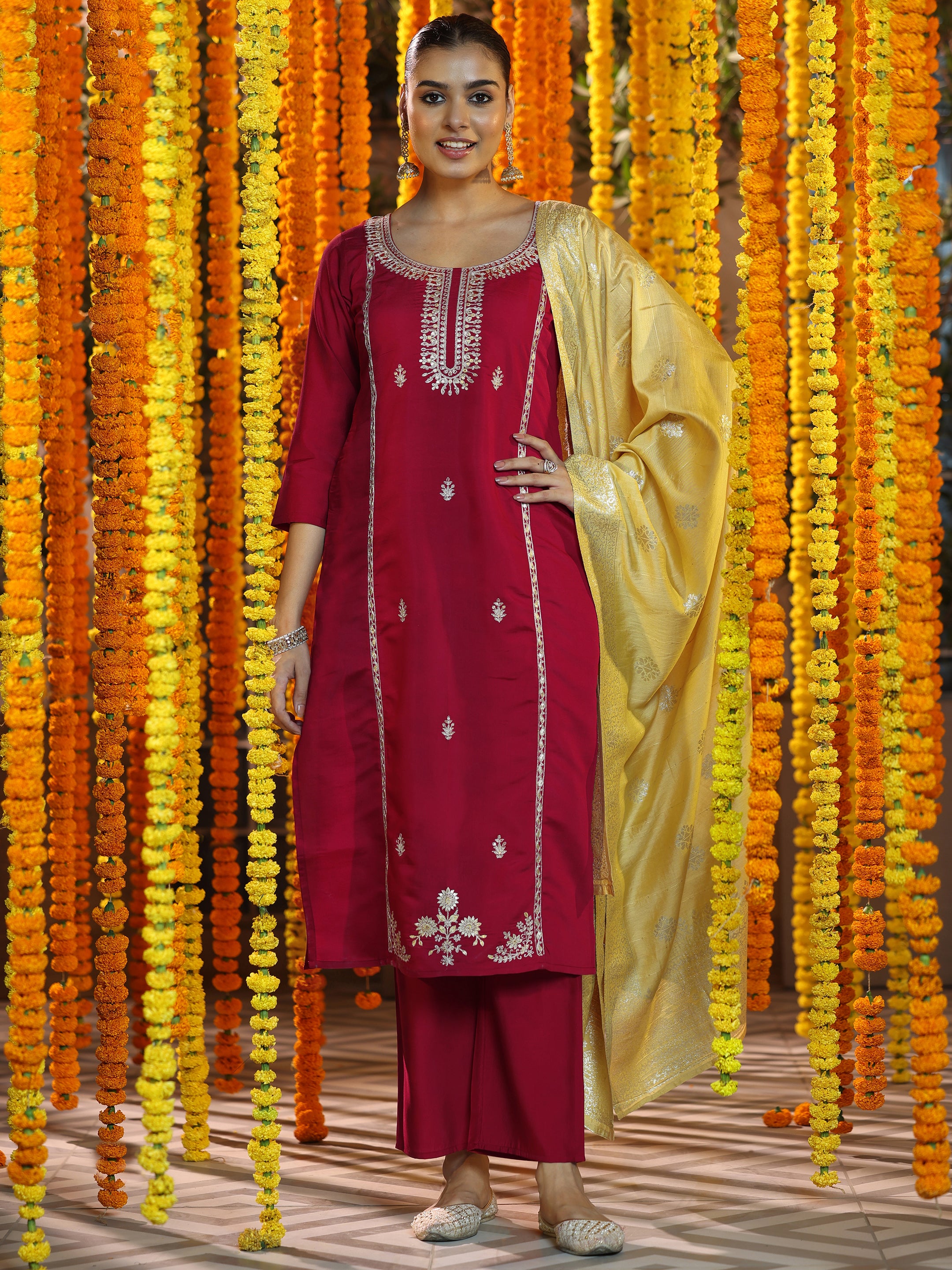 Maroon Embroidered Silk Blend Straight Suit With Dupatta