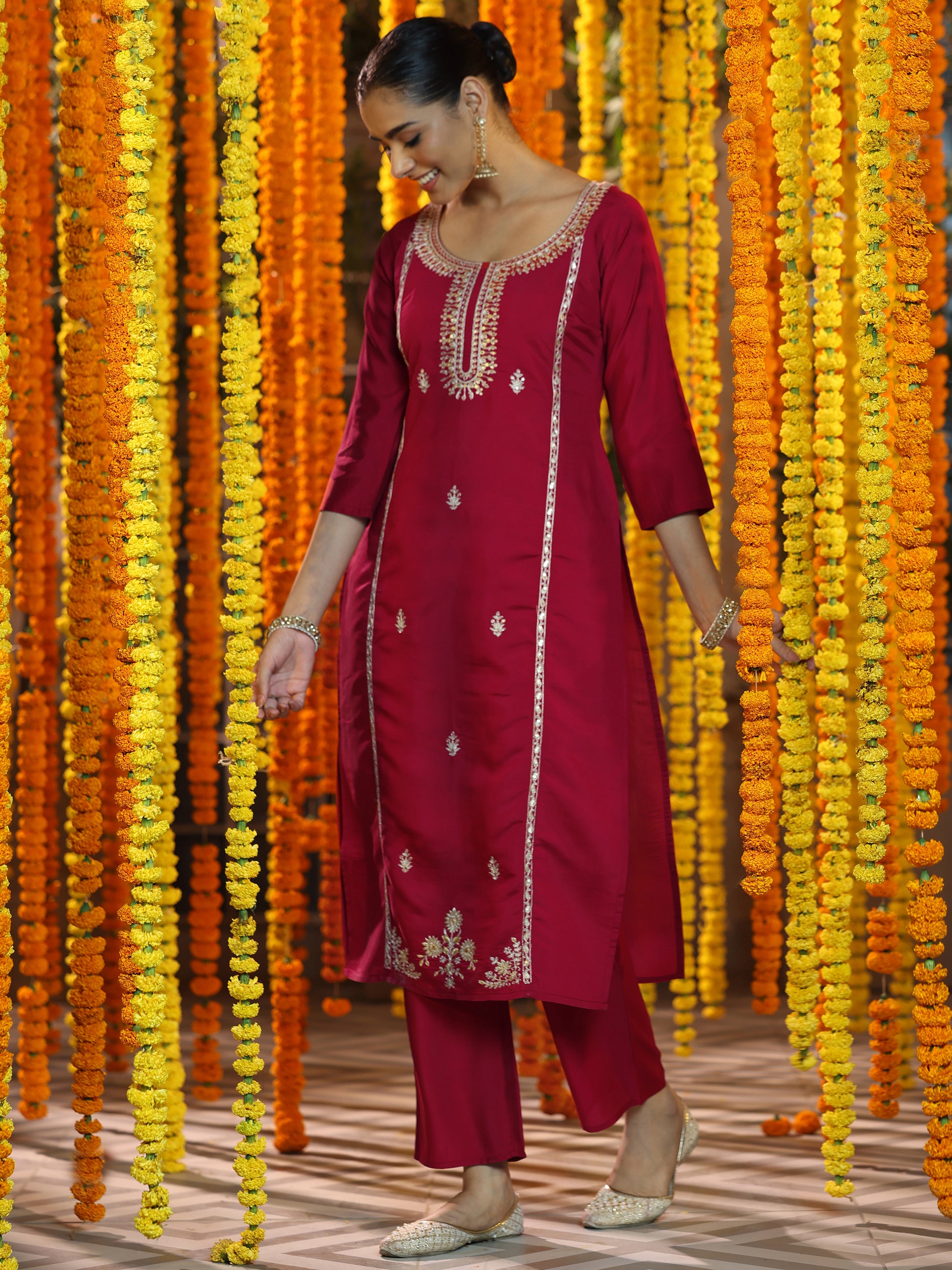 Maroon Embroidered Silk Blend Straight Suit With Dupatta