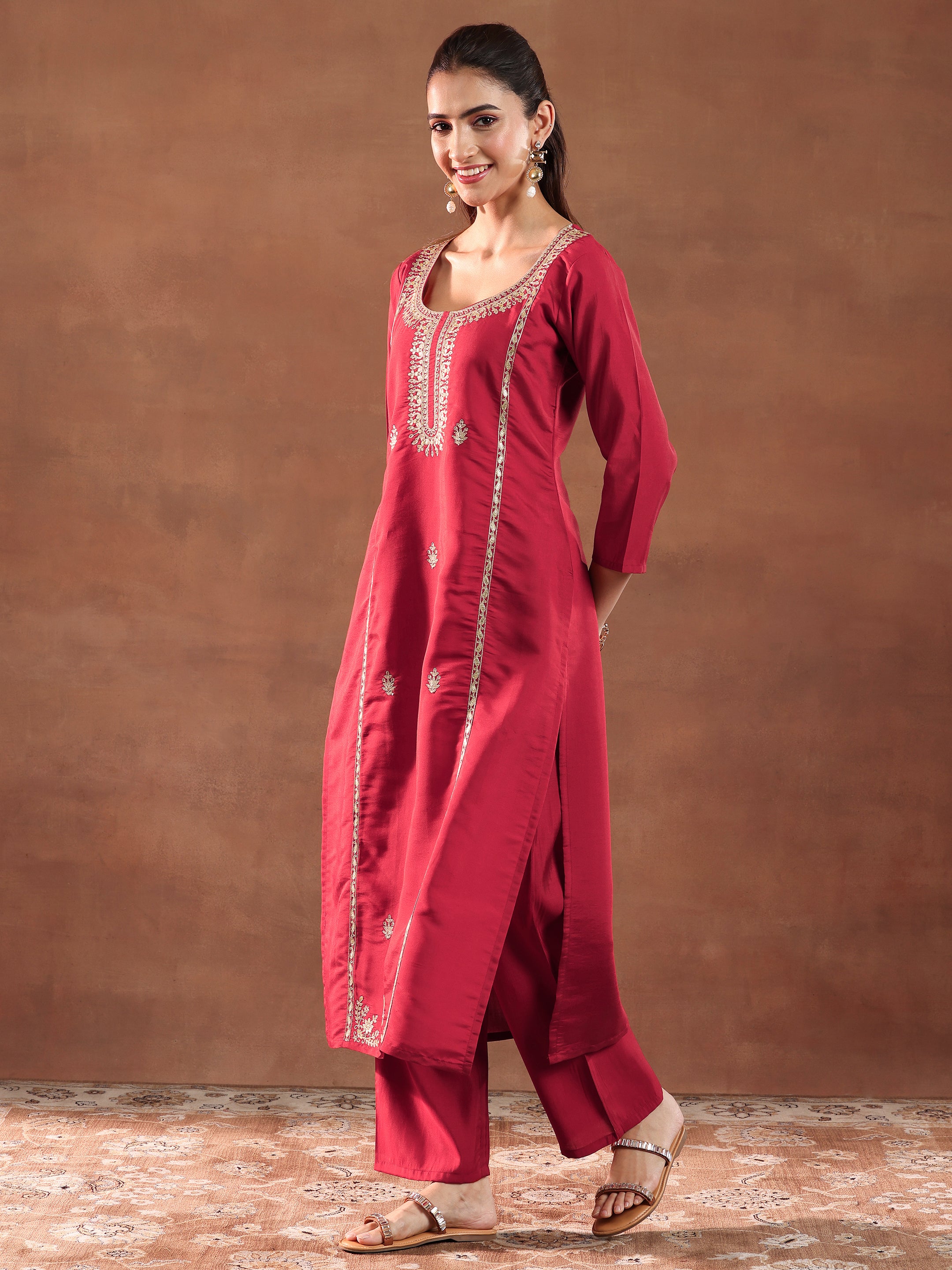 Maroon Embroidered Silk Blend Straight Suit With Dupatta