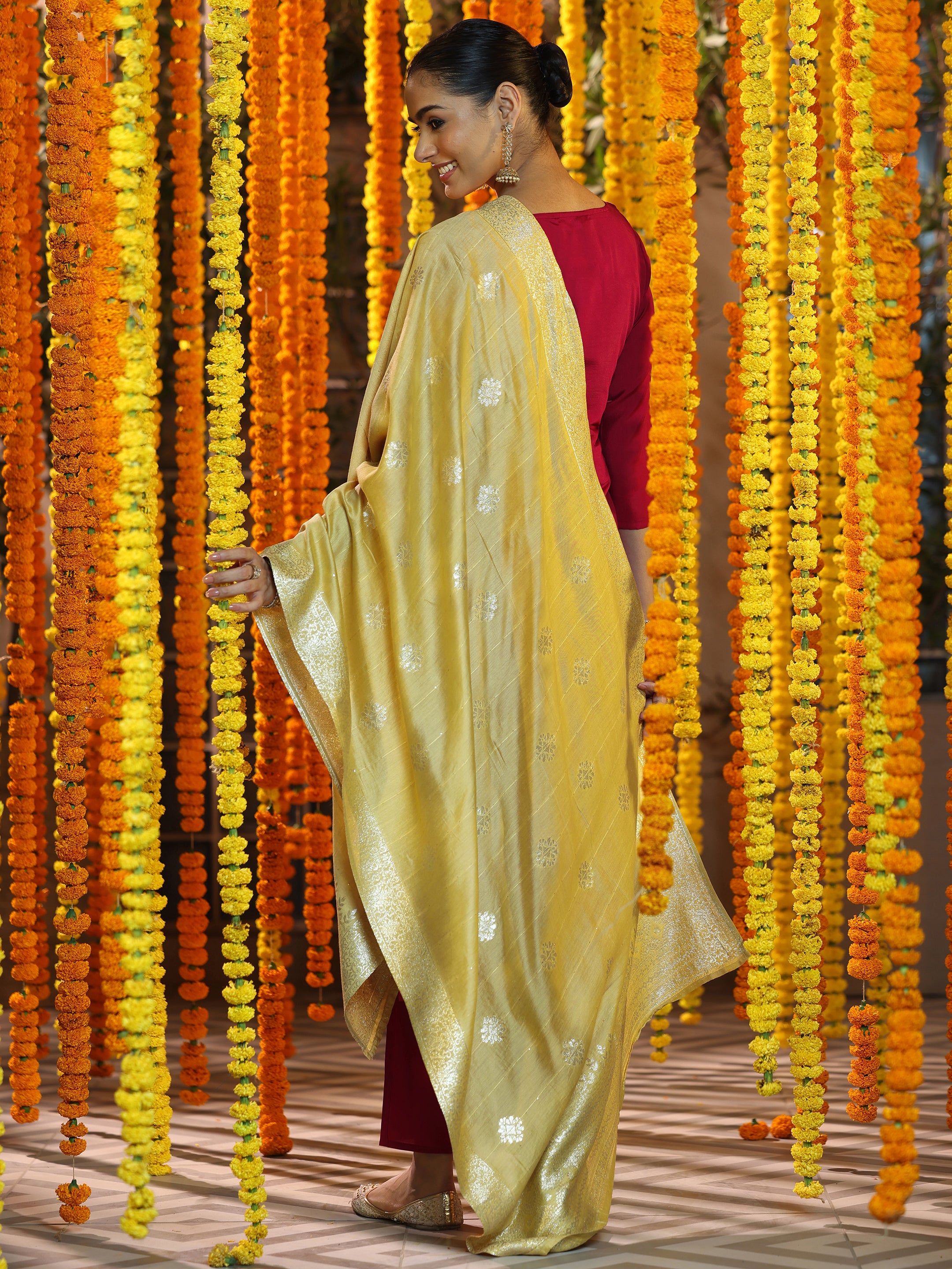 Maroon Embroidered Silk Blend Straight Suit With Dupatta