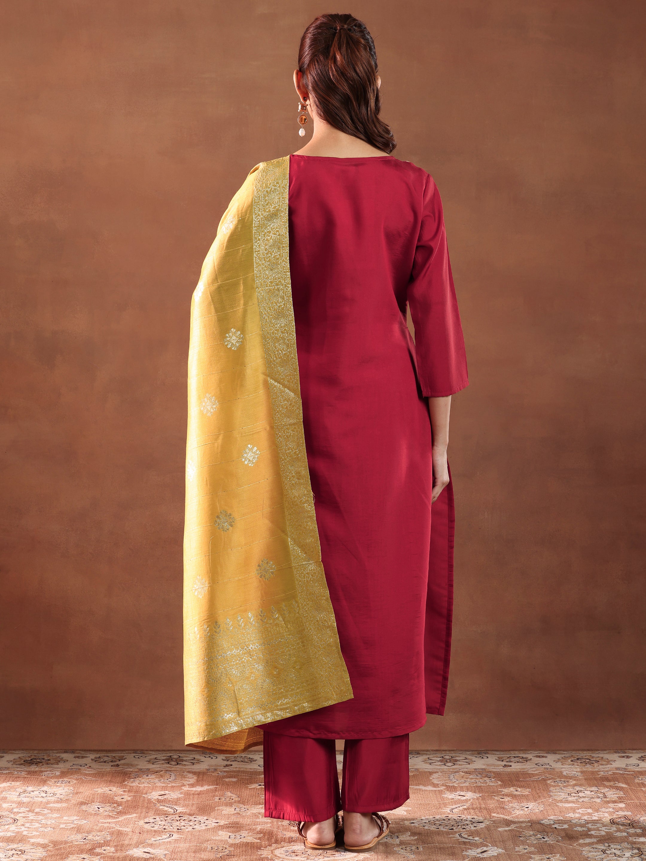 Maroon Embroidered Silk Blend Straight Suit With Dupatta