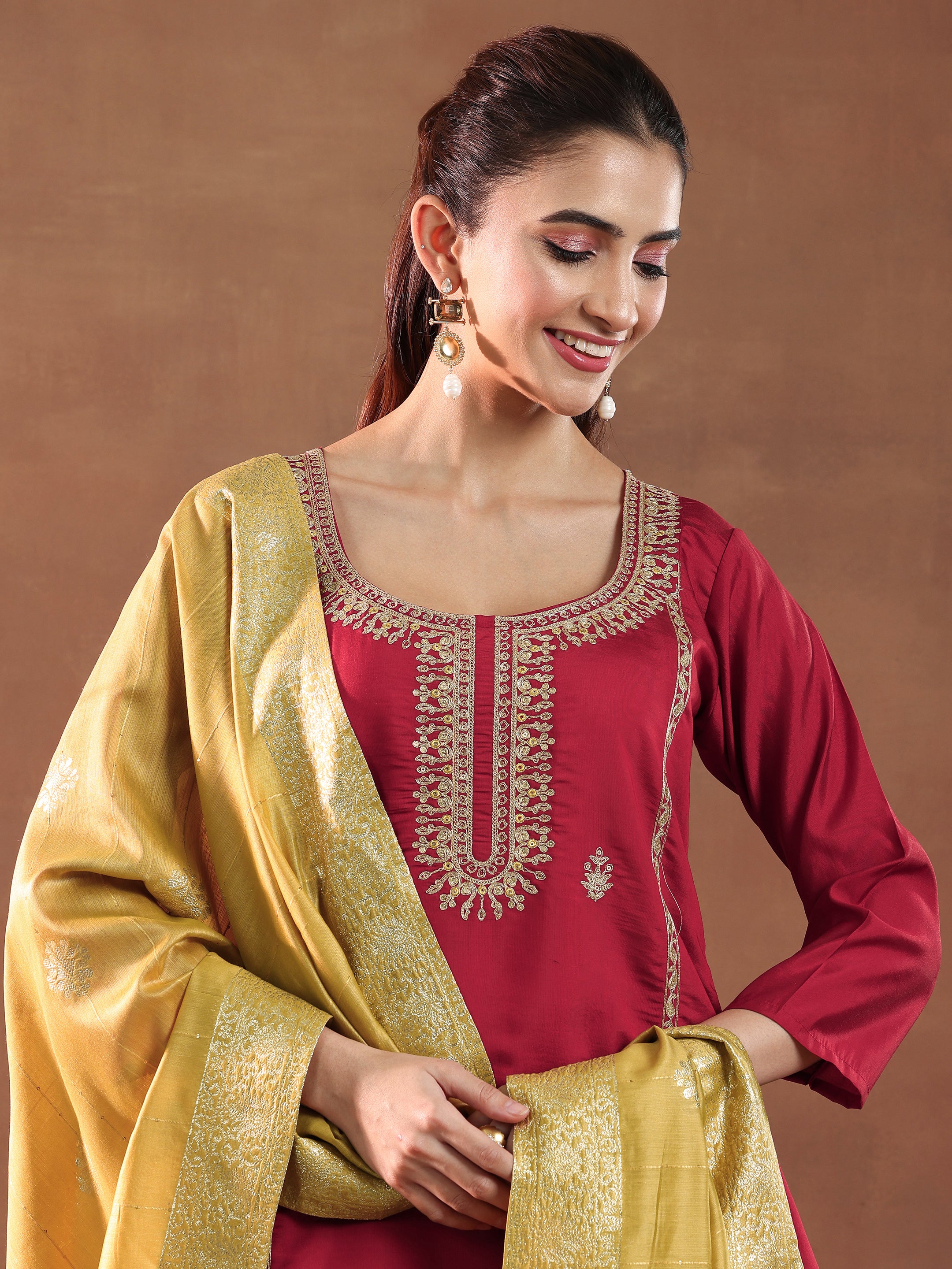 Maroon Embroidered Silk Blend Straight Suit With Dupatta