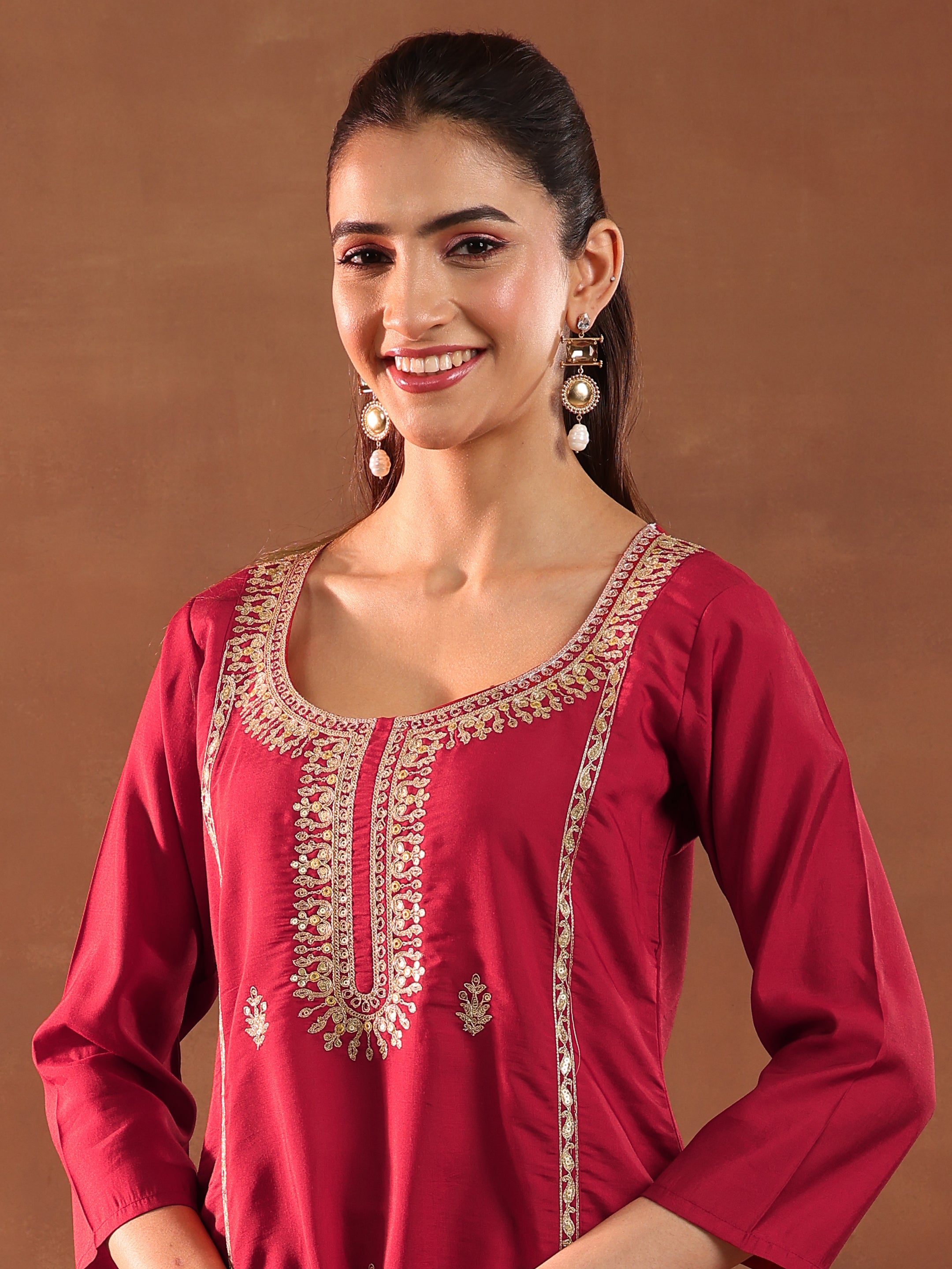 Maroon Embroidered Silk Blend Straight Suit With Dupatta