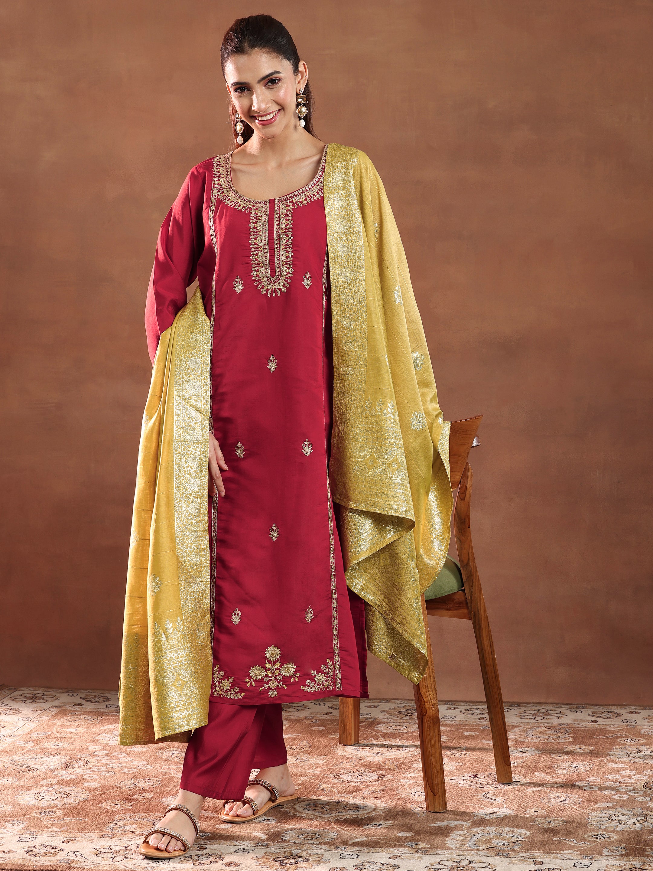 Maroon Embroidered Silk Blend Straight Suit With Dupatta