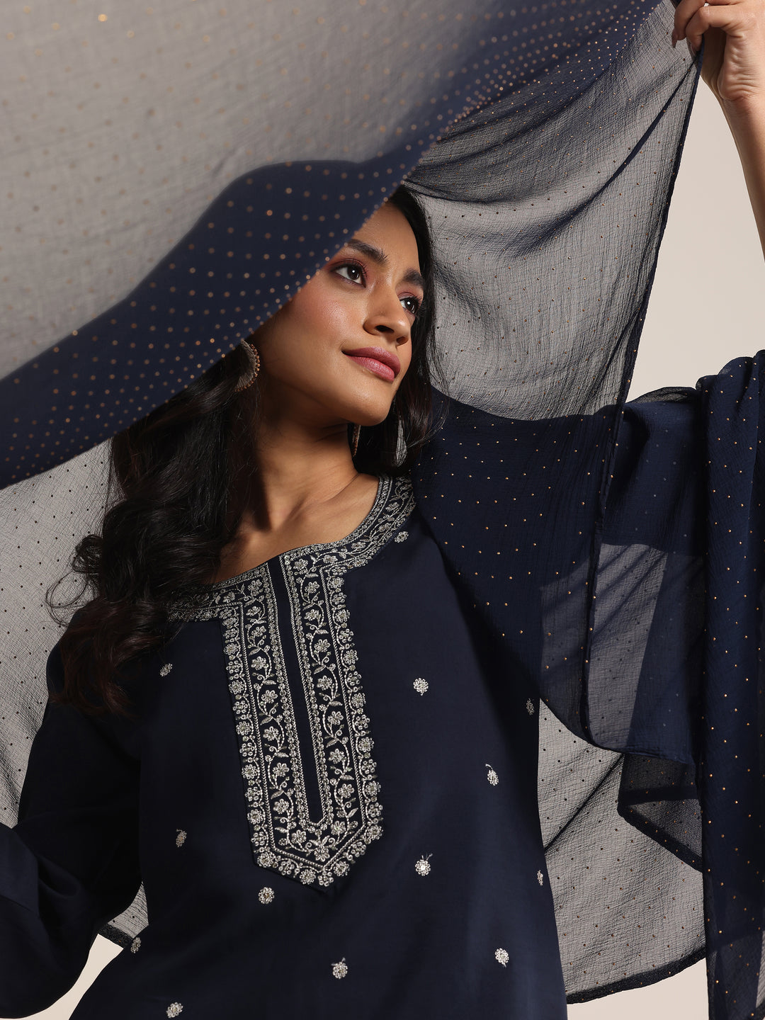 Navy Embroidered Silk Blend Straight Suits With Dupatta