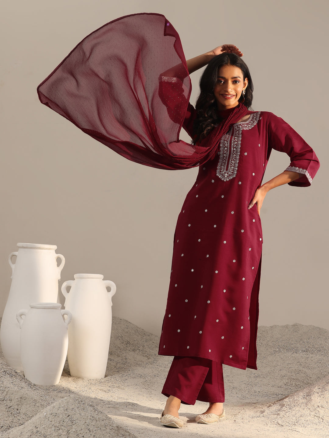 Maroon Embroidered Silk Blend Straight Suit With Dupatta