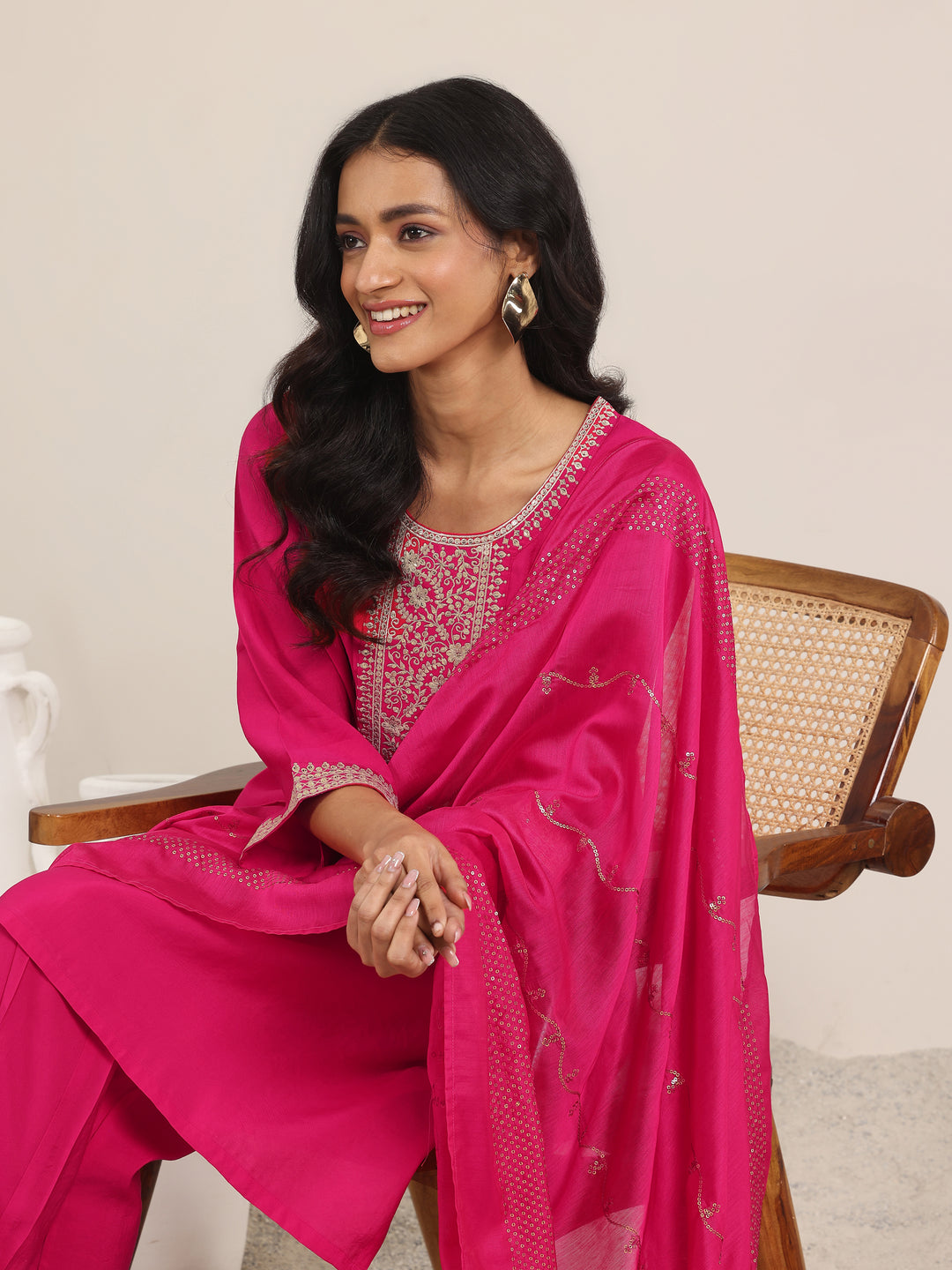 Pink Yoke Design Silk Blend Straight Suit With Dupatta