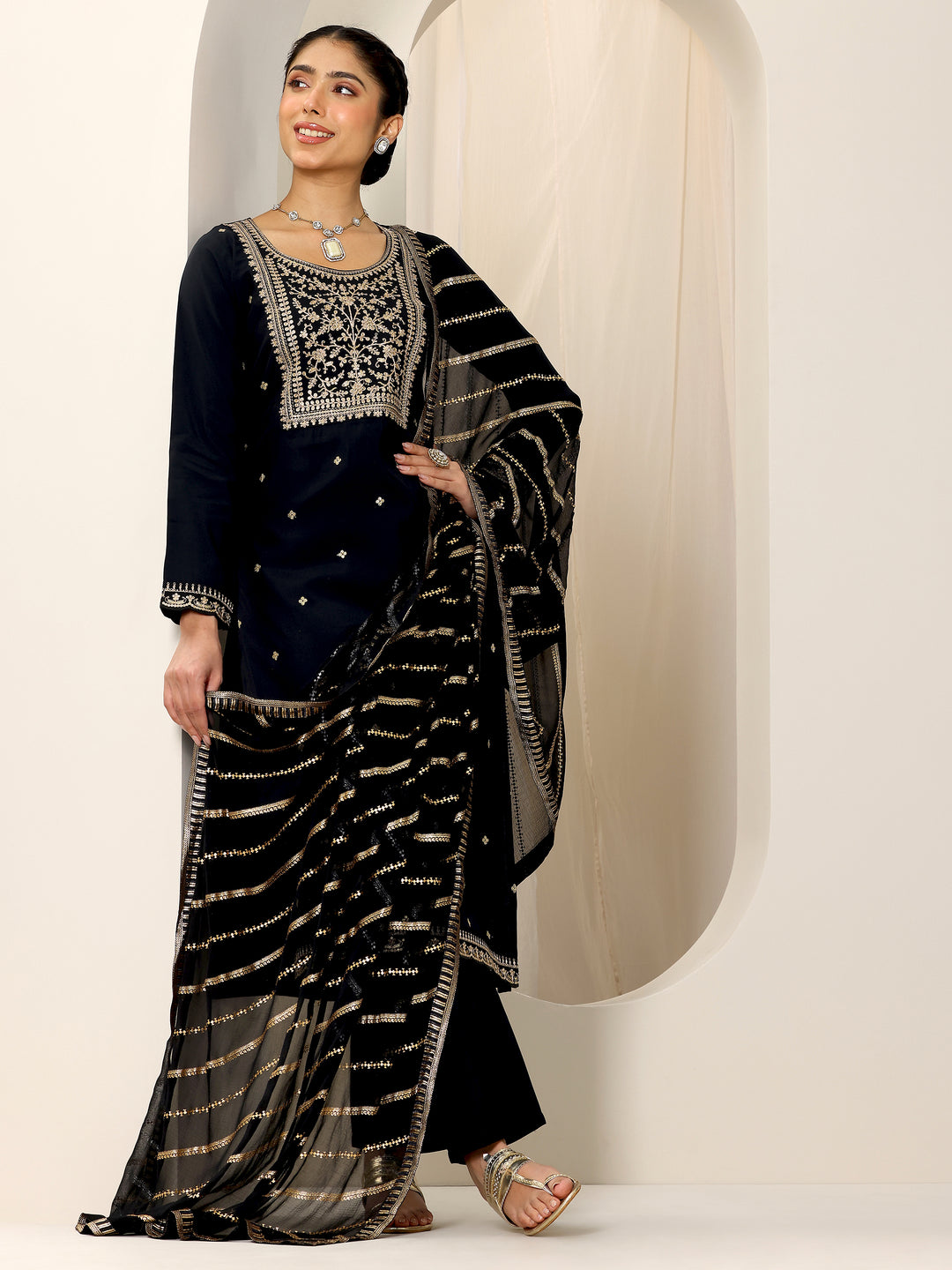 Black Embroidered Silk Blend Straight Suit Set With Dupatta