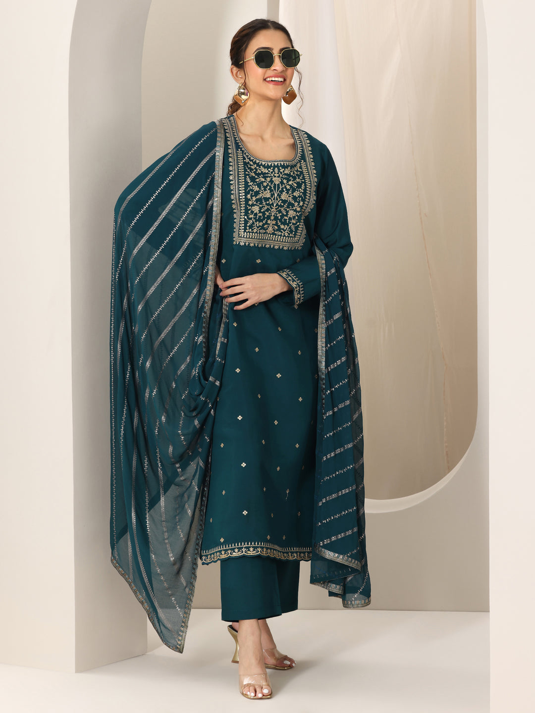 Blue Embroidered Silk Blend Straight Suit Set With Dupatta