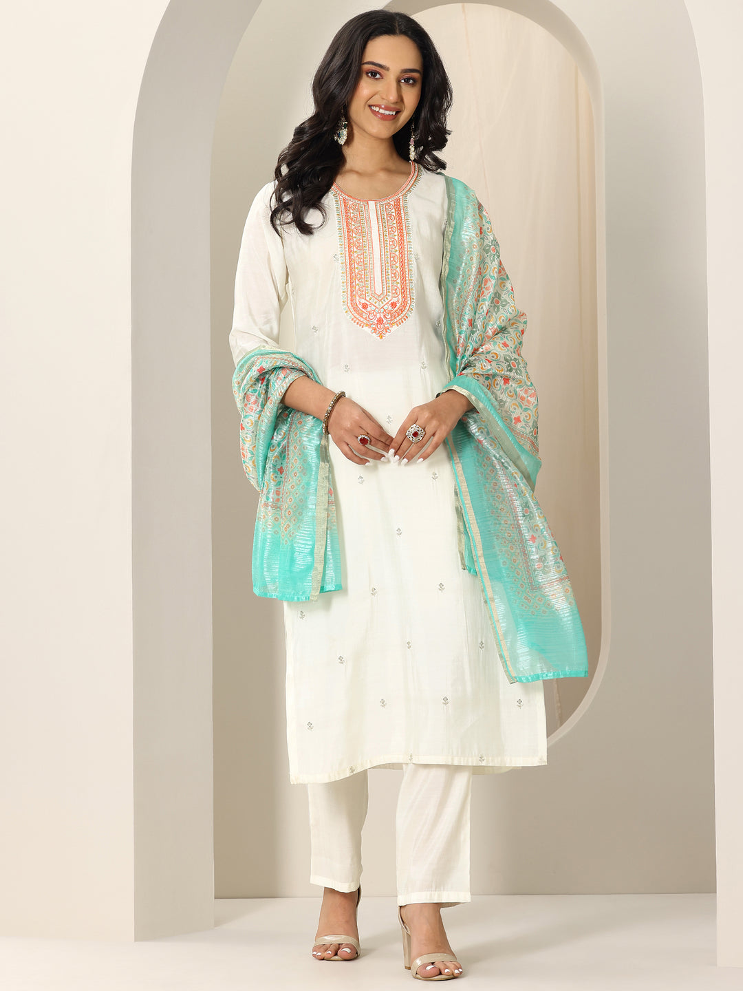 White Embroidered Silk Blend Straight Suit Set With Dupatta