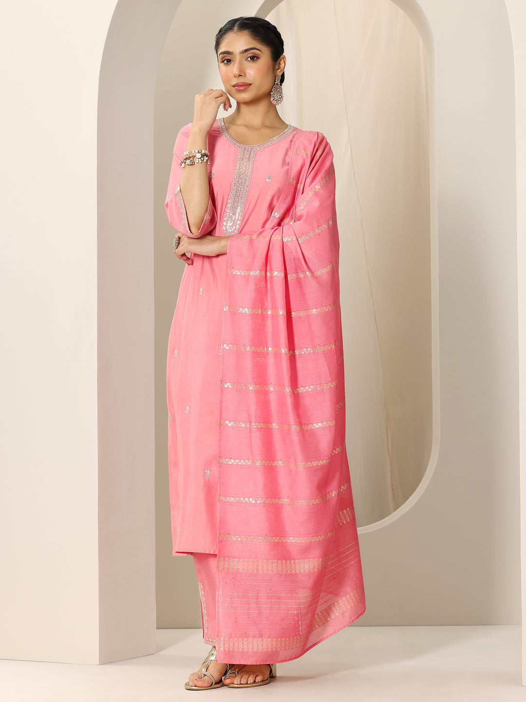 Peach Embroidered Silk Blend Straight Suit Set With Dupatta