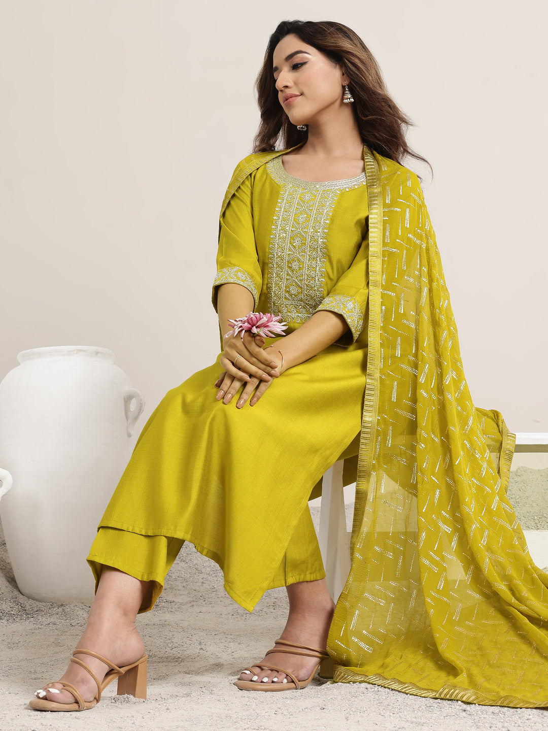 Green Yoke Design Silk Blend Straight Suit Set With Dupatta