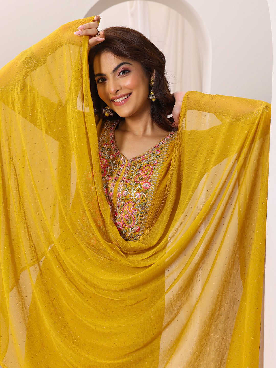 Yellow Yoke Design Silk Blend Straight Suit Set With Dupatta