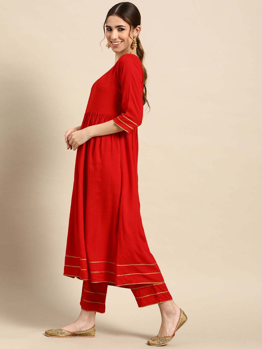 Red Solid Rayon Anarkali Suit With Dupatta