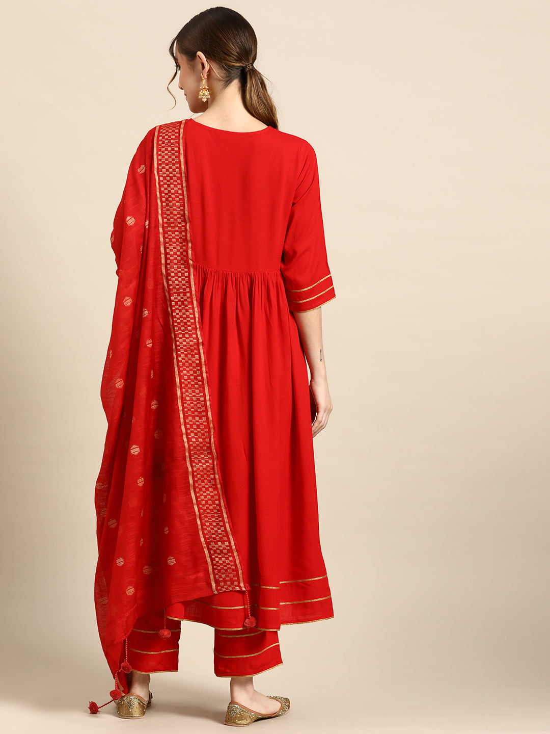 Red Solid Rayon Anarkali Suit With Dupatta