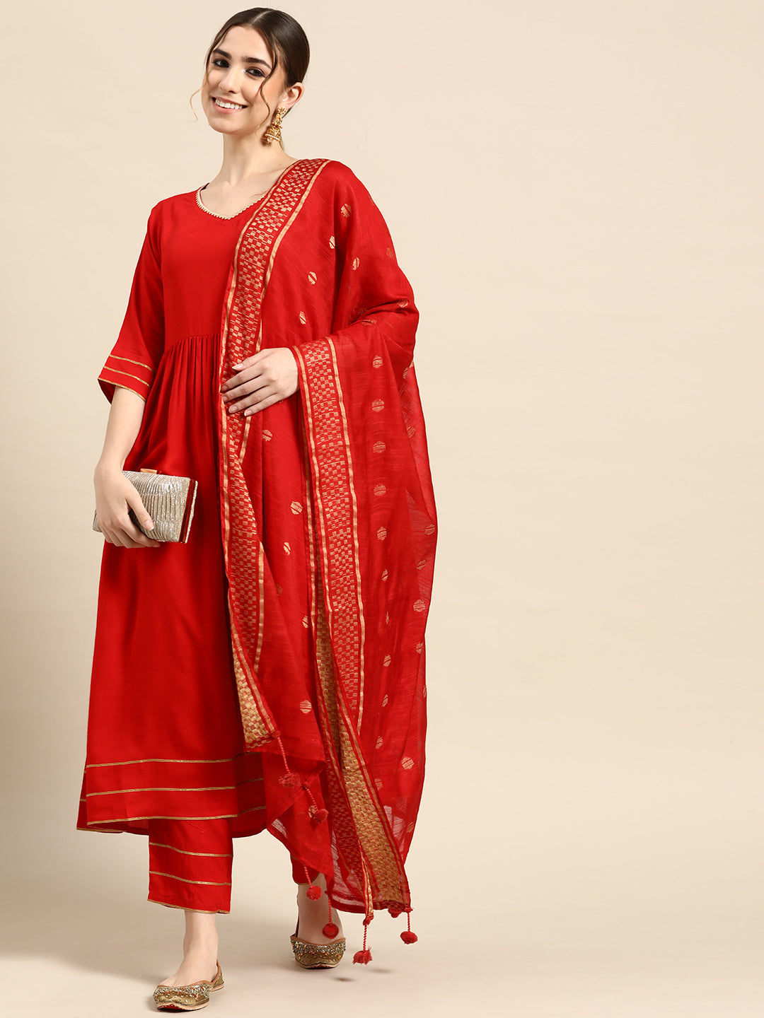 Red Solid Rayon Anarkali Suit With Dupatta