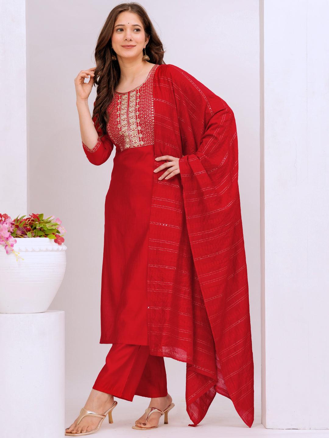 Red Yoke Design Silk Blend Straight Kurta With Trousers & Dupatta - ShopLibas