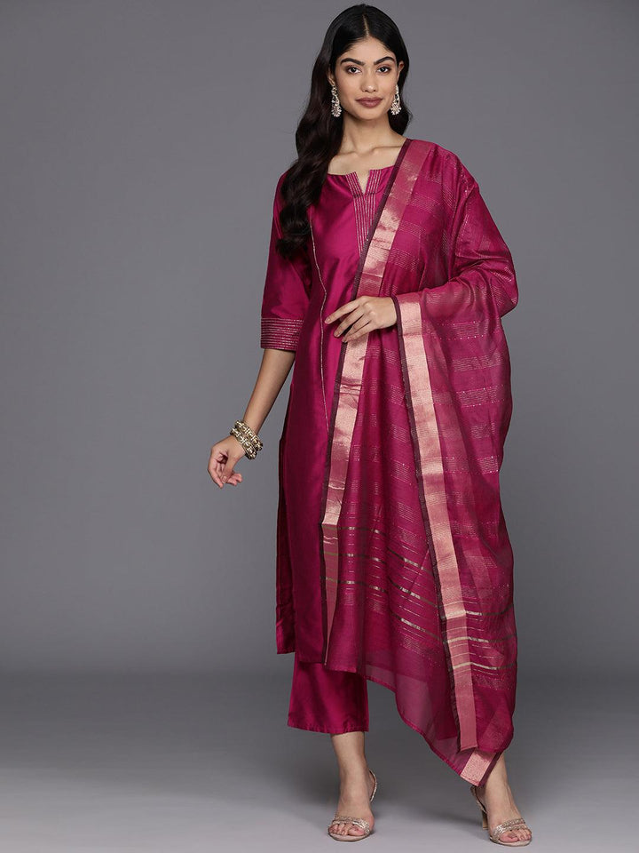 Pink Solid Silk Blend Straight Kurta With Trousers & Dupatta - ShopLibas