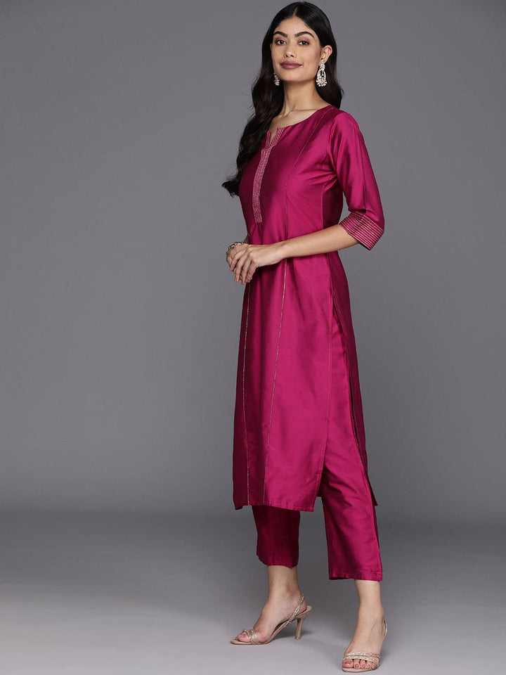 Pink Solid Silk Blend Straight Kurta With Trousers & Dupatta - ShopLibas