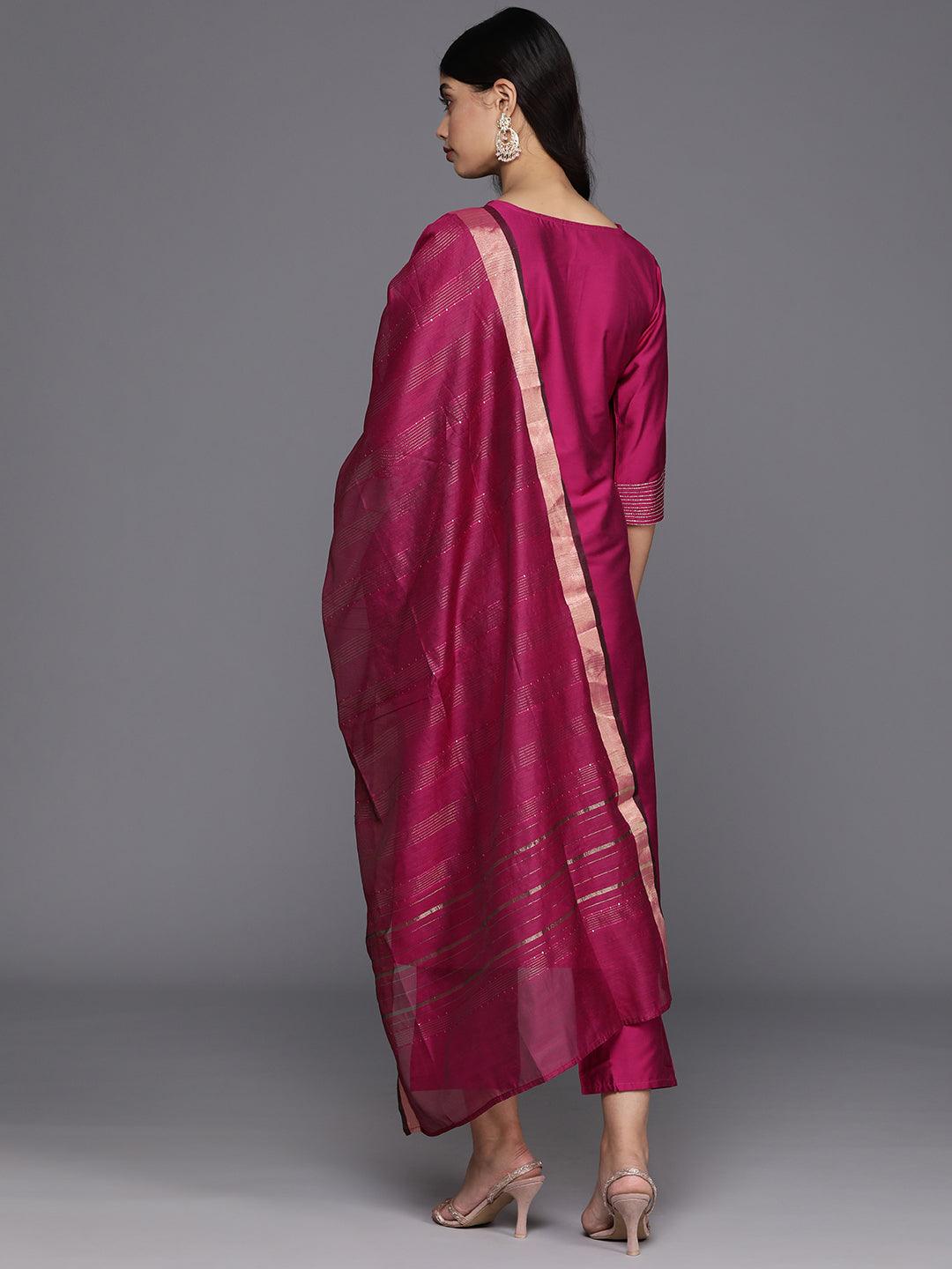 Pink Solid Silk Blend Straight Kurta With Trousers & Dupatta - ShopLibas