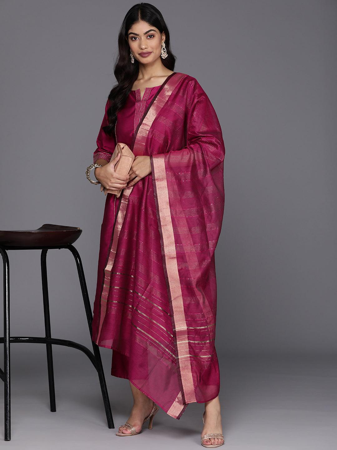 Pink Solid Silk Blend Straight Kurta With Trousers & Dupatta - ShopLibas