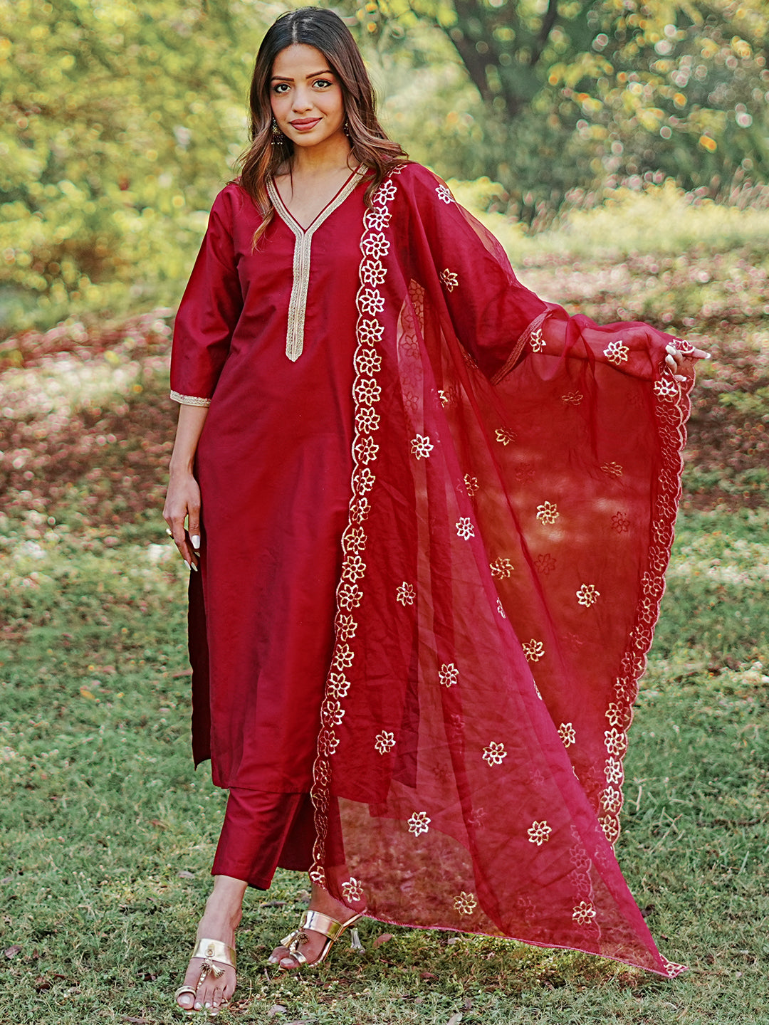 Maroon Solid Silk Blend Straight Suit With Dupatta