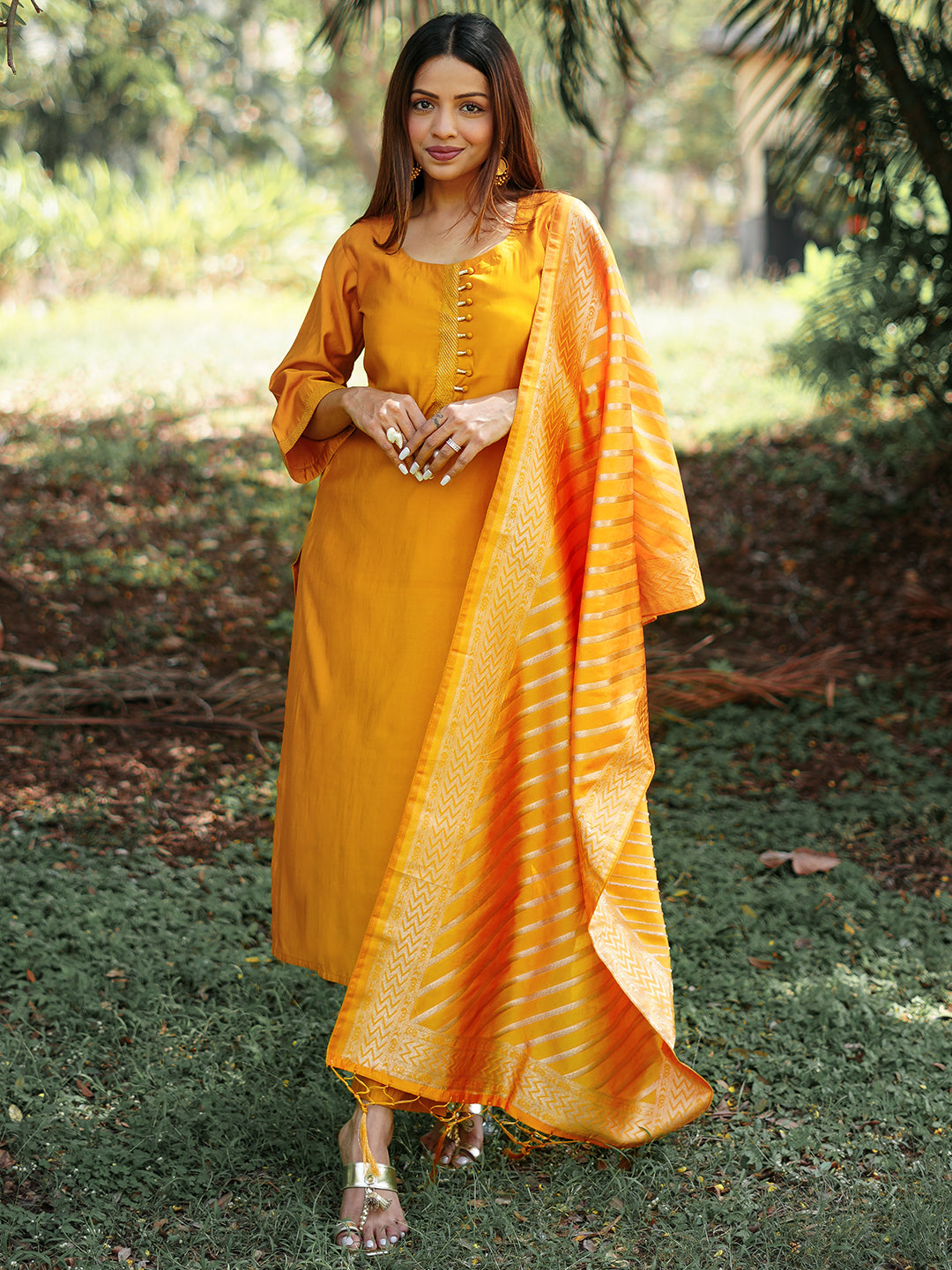 Mustard Solid Silk Blend Straight Suit With Dupatta