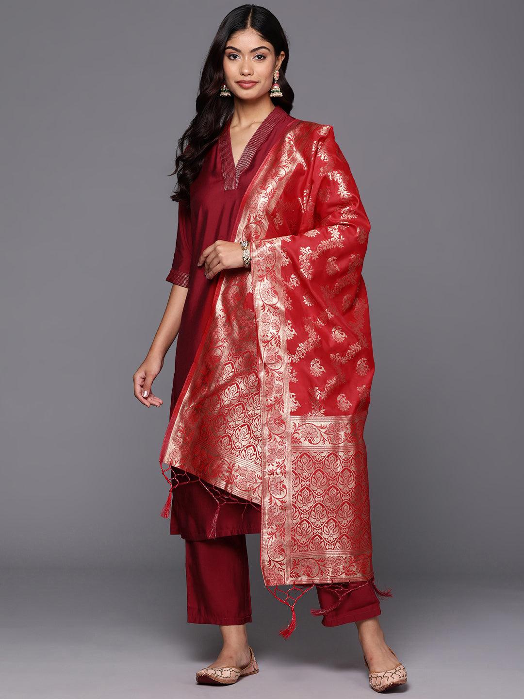 Red Solid Silk Blend Straight Kurta With Trousers & Dupatta