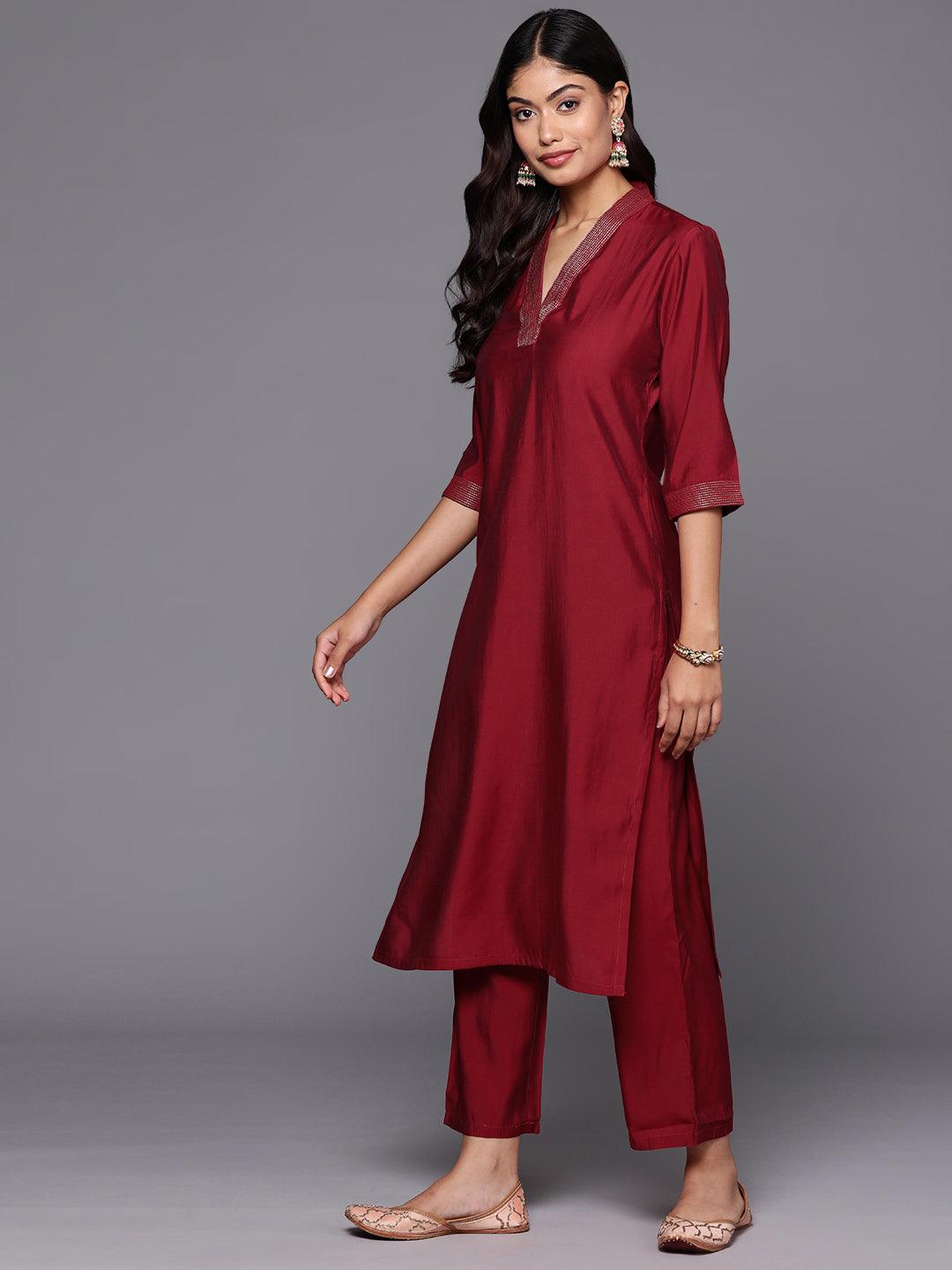 Red Solid Silk Blend Straight Kurta With Trousers & Dupatta