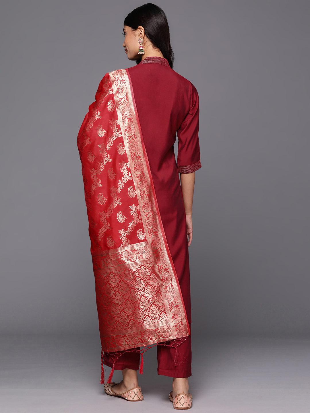 Red Solid Silk Blend Straight Kurta With Trousers & Dupatta