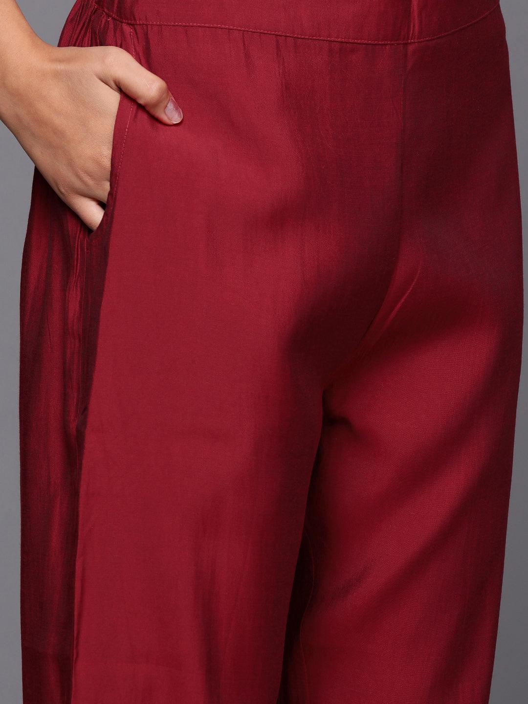 Red Solid Silk Blend Straight Kurta With Trousers & Dupatta