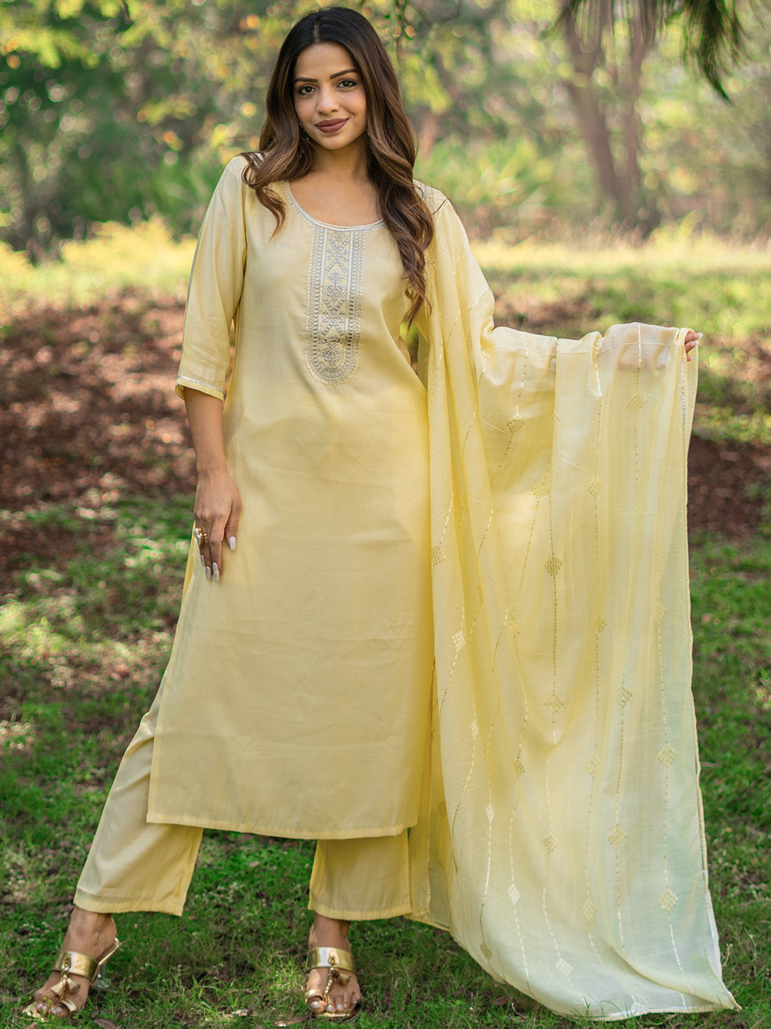 Yellow Yoke Design Silk Blend Straight Suit With Dupatta