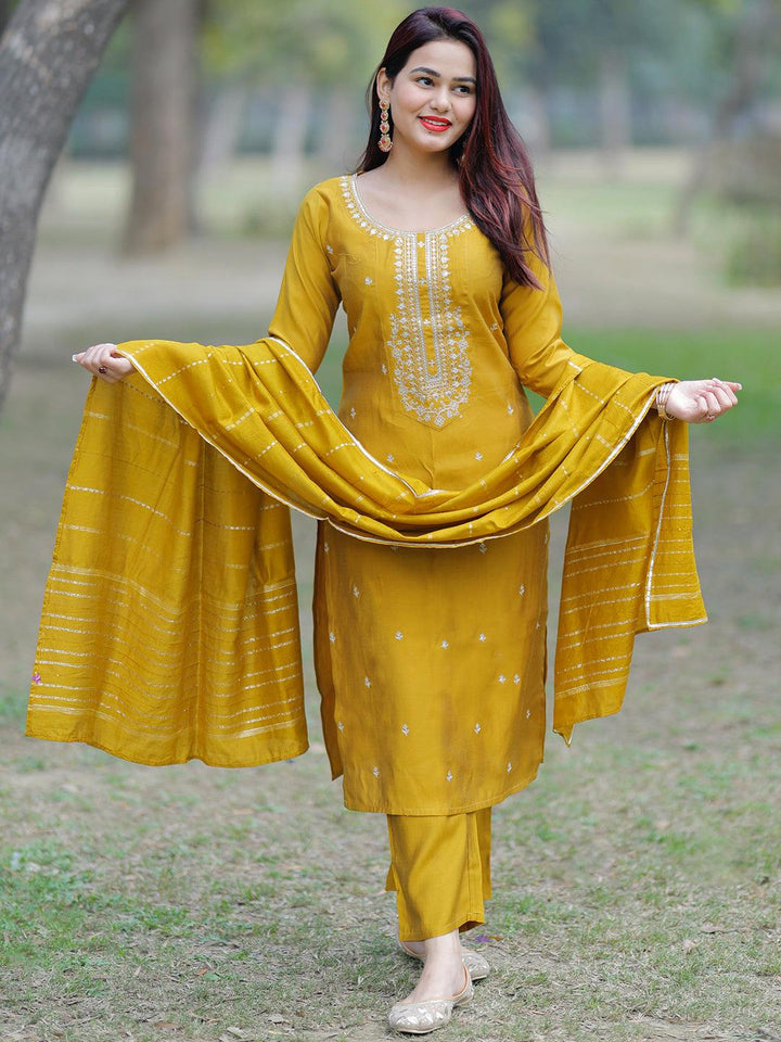 Mustard Yoke Design Silk Blend Straight Kurta With Trousers & Dupatta - ShopLibas