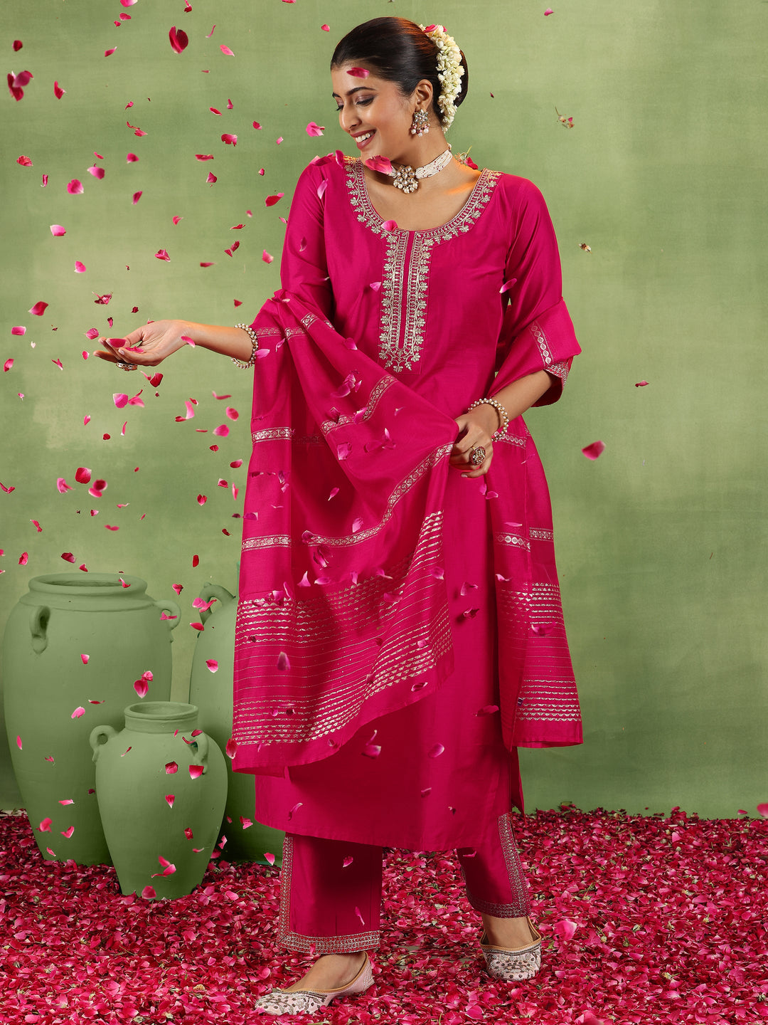 Coral Yoke Design Silk Blend Straight Suit With Dupatta