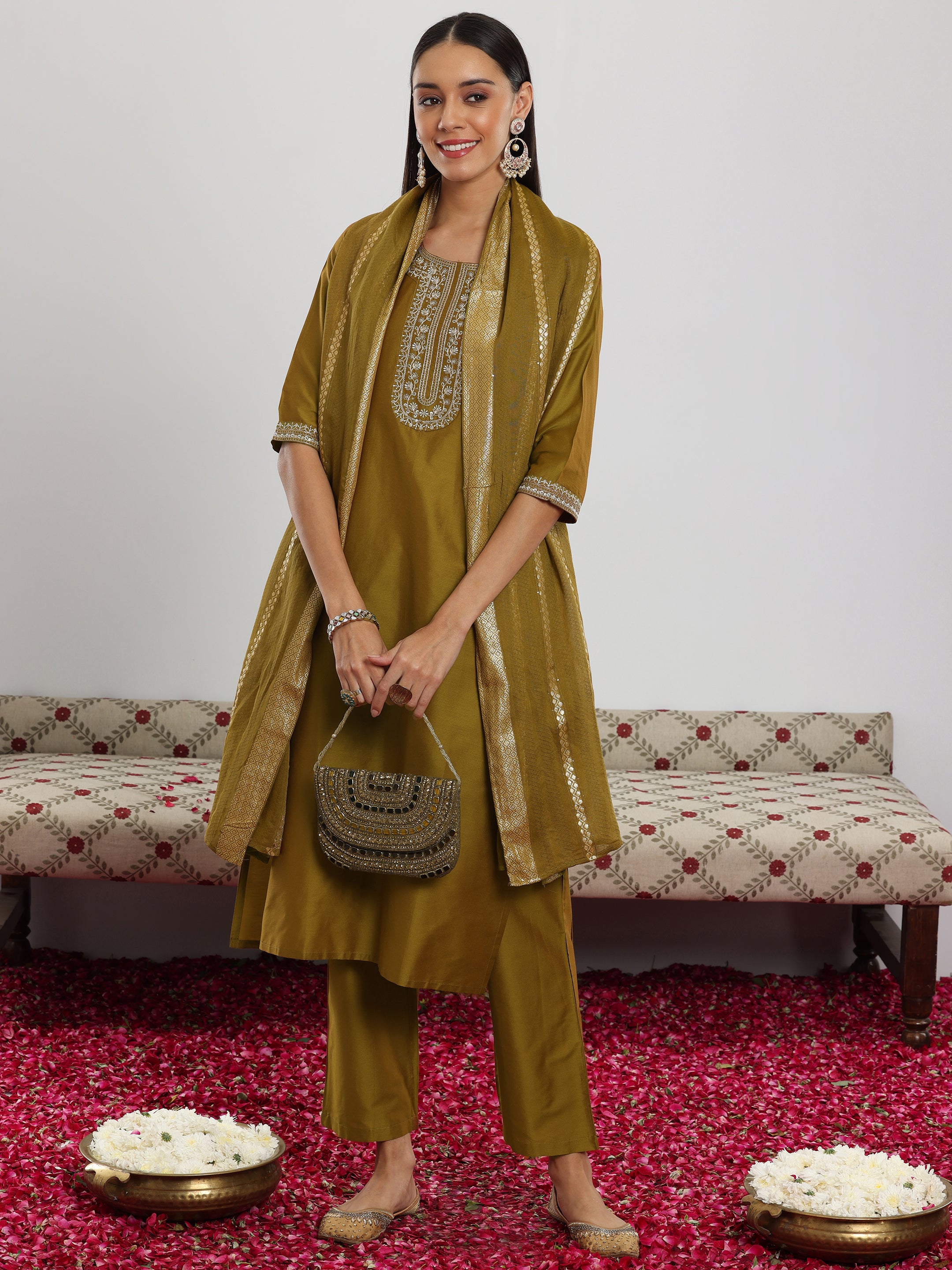 Mustard Yoke Design Silk Blend Straight Suit With Dupatta