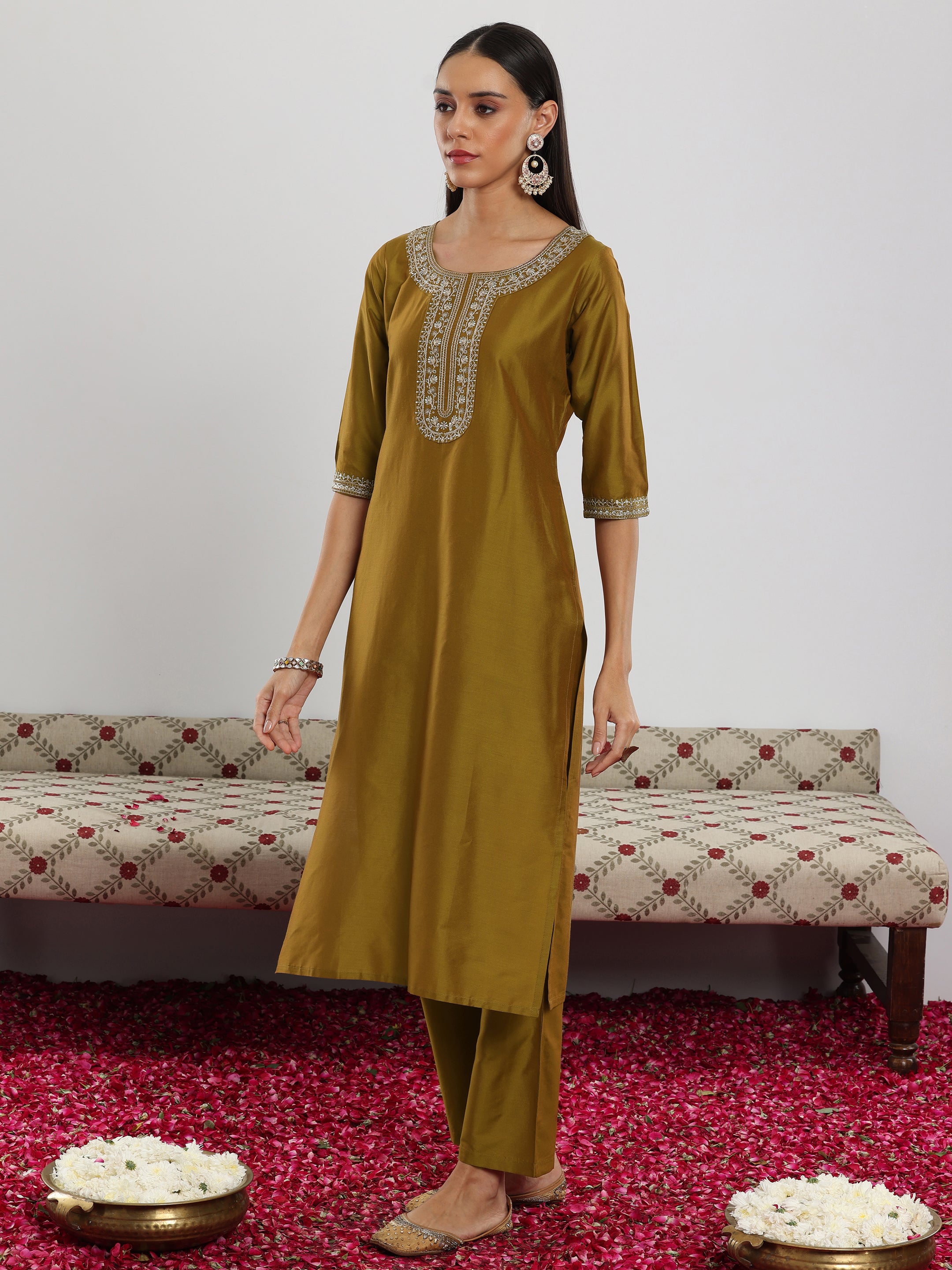 Mustard Yoke Design Silk Blend Straight Suit With Dupatta