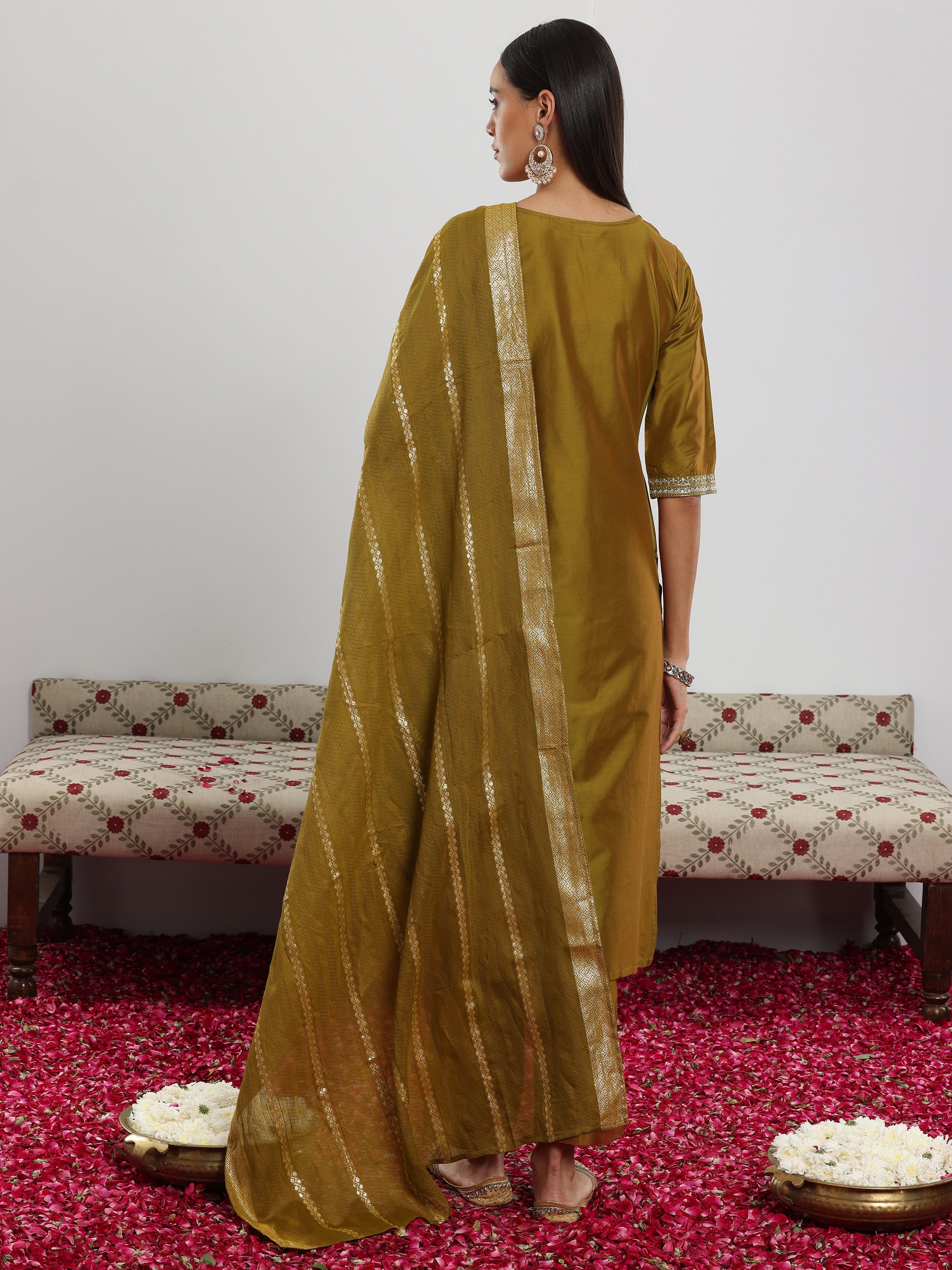 Mustard Yoke Design Silk Blend Straight Suit With Dupatta