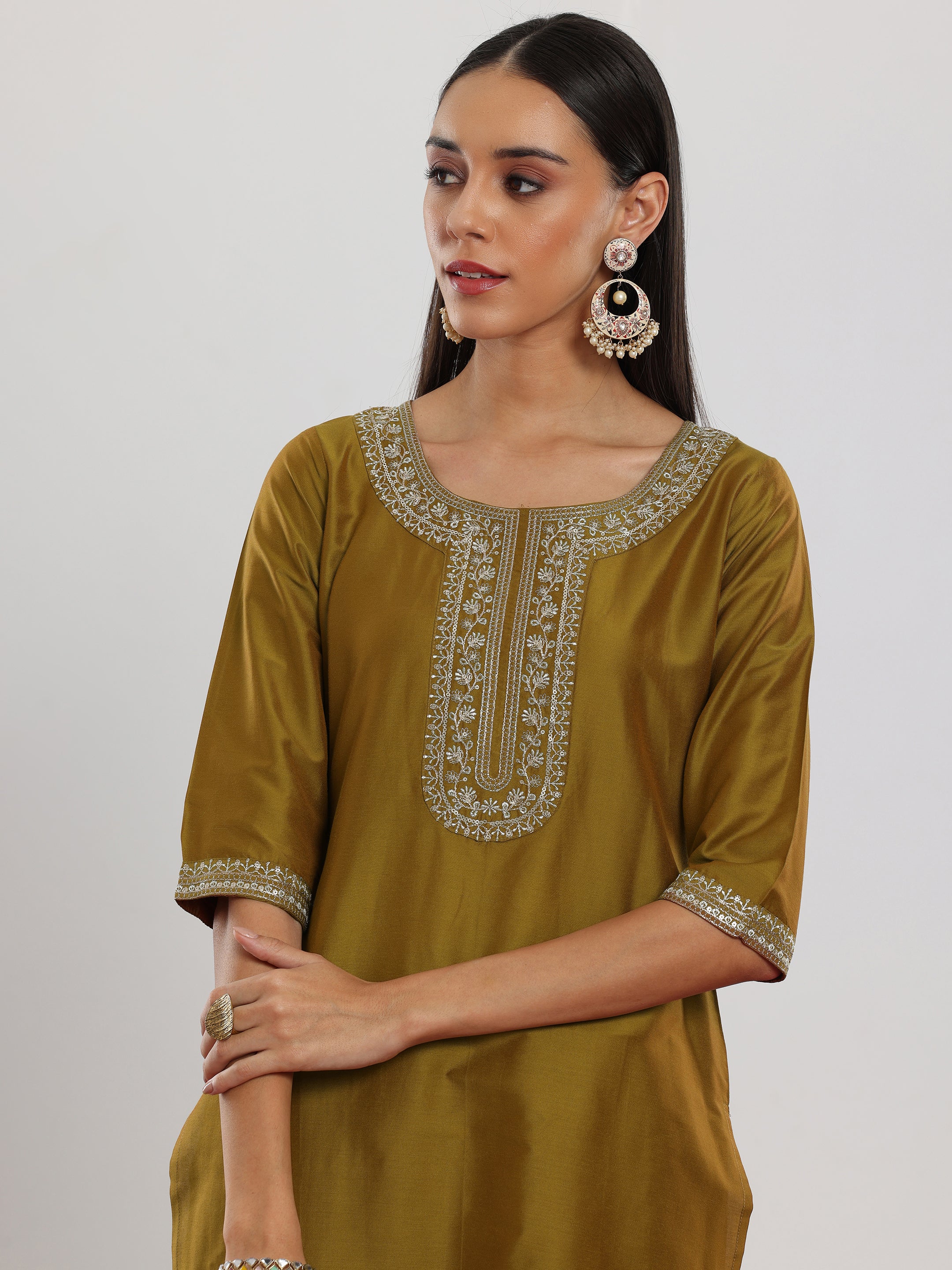 Mustard Yoke Design Silk Blend Straight Suit With Dupatta