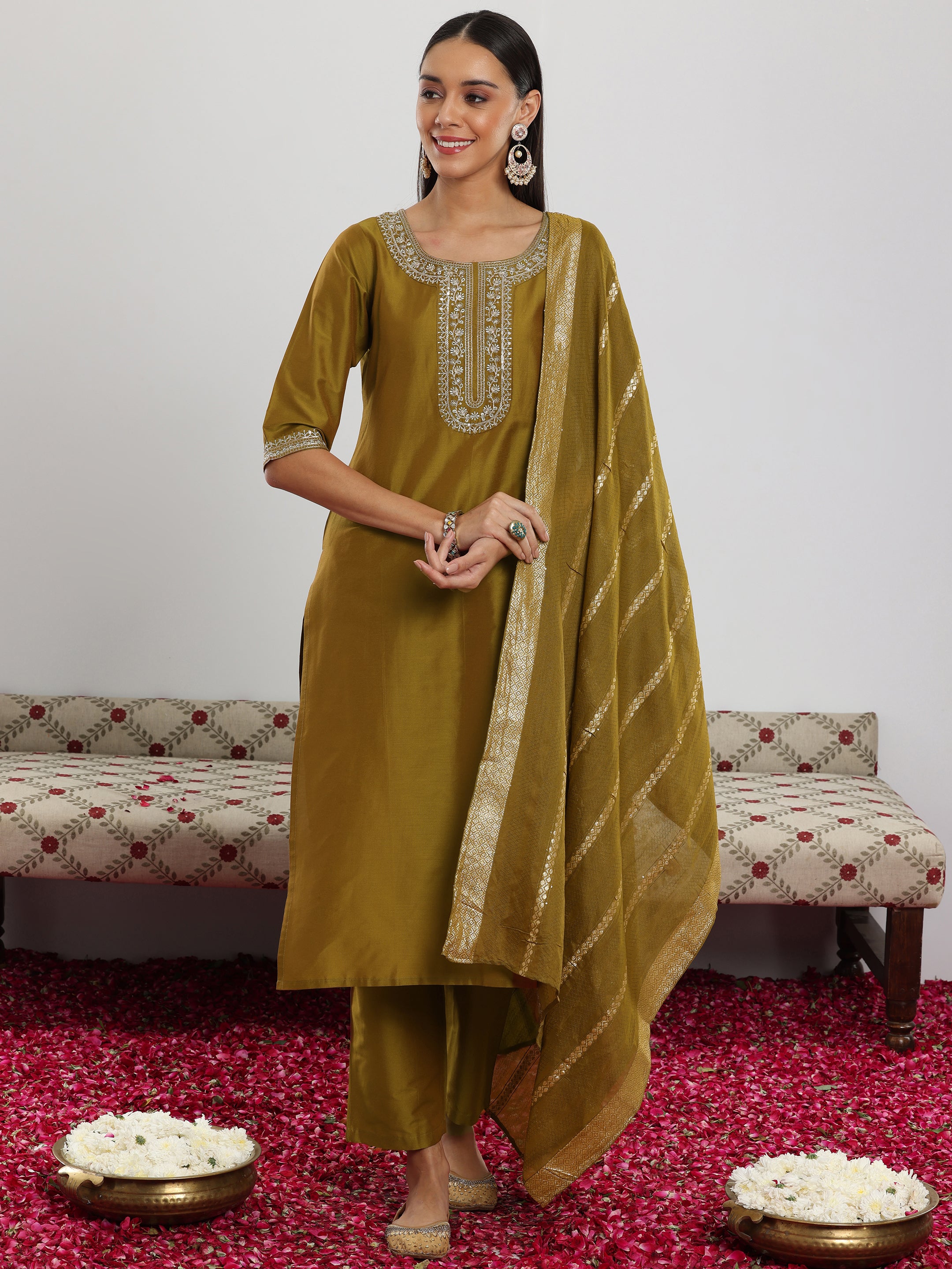 Mustard Yoke Design Silk Blend Straight Suit With Dupatta