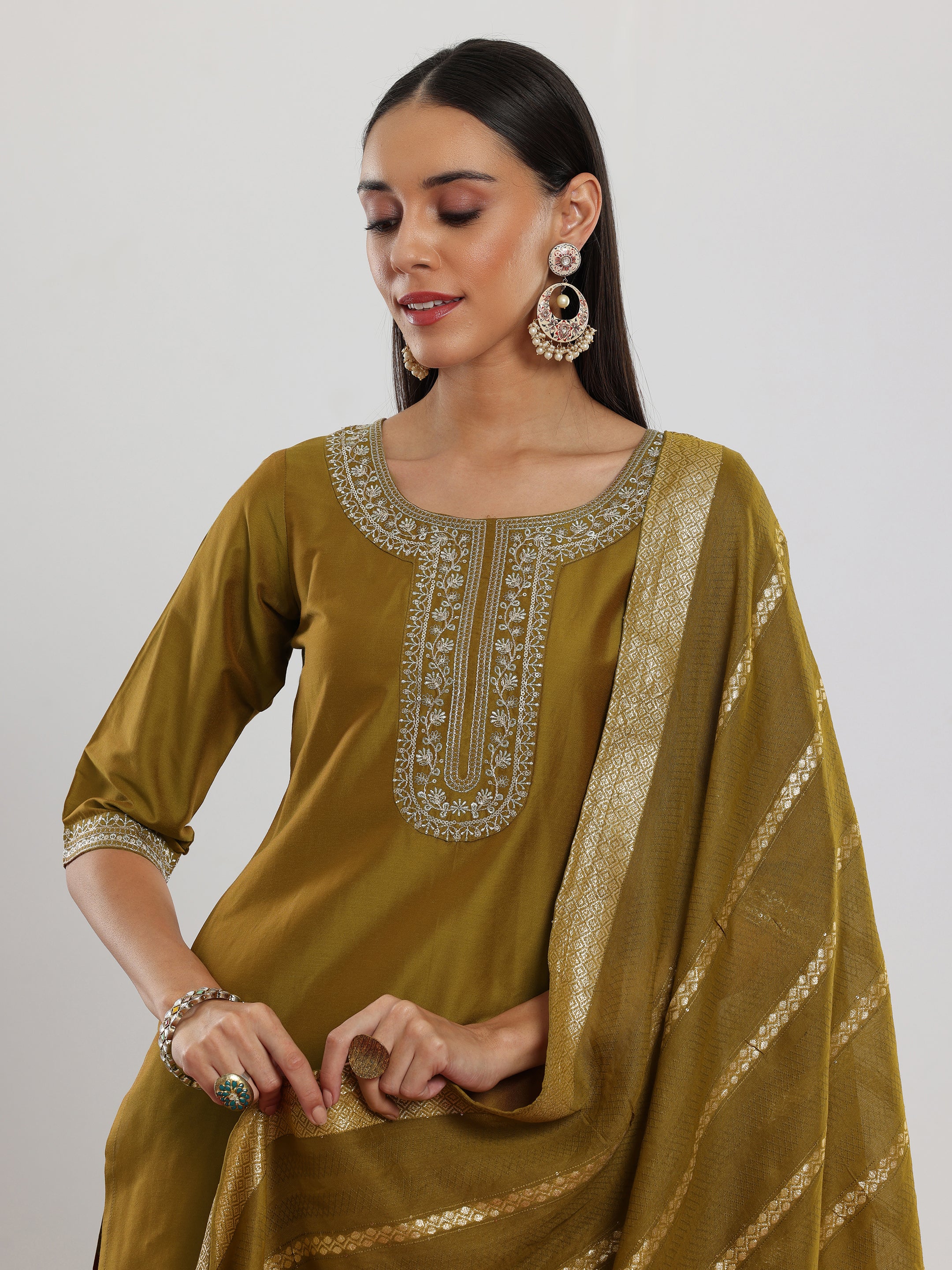 Mustard Yoke Design Silk Blend Straight Suit With Dupatta