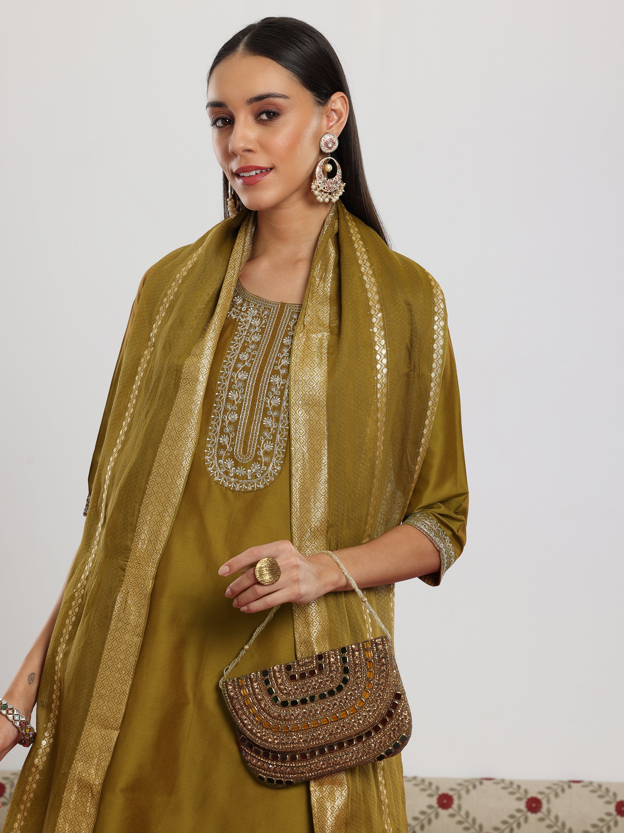 Mustard Yoke Design Silk Blend Straight Suit With Dupatta