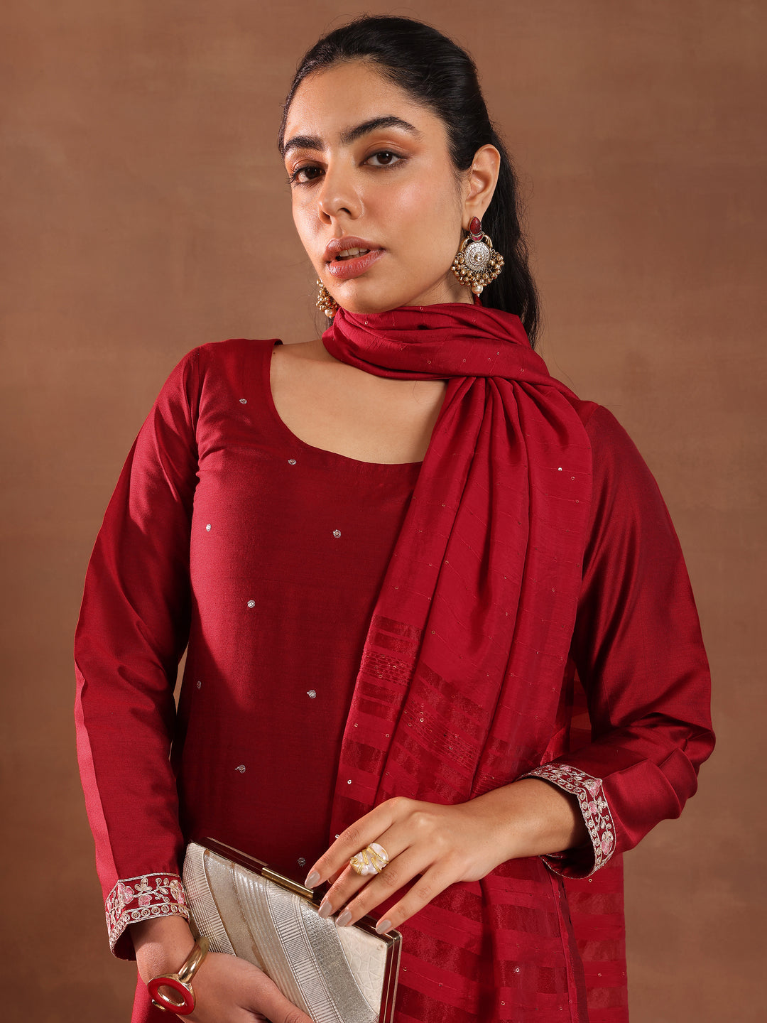 Red Embroidered Silk Blend Straight Suit Set With Dupatta