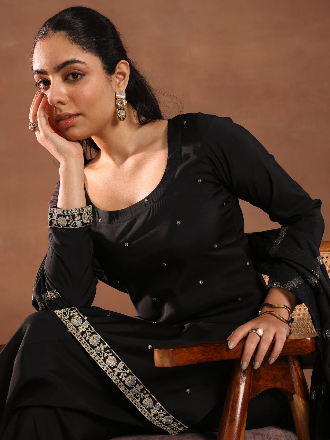 Black Embroidered Silk Blend Straight Suit Set With Dupatta