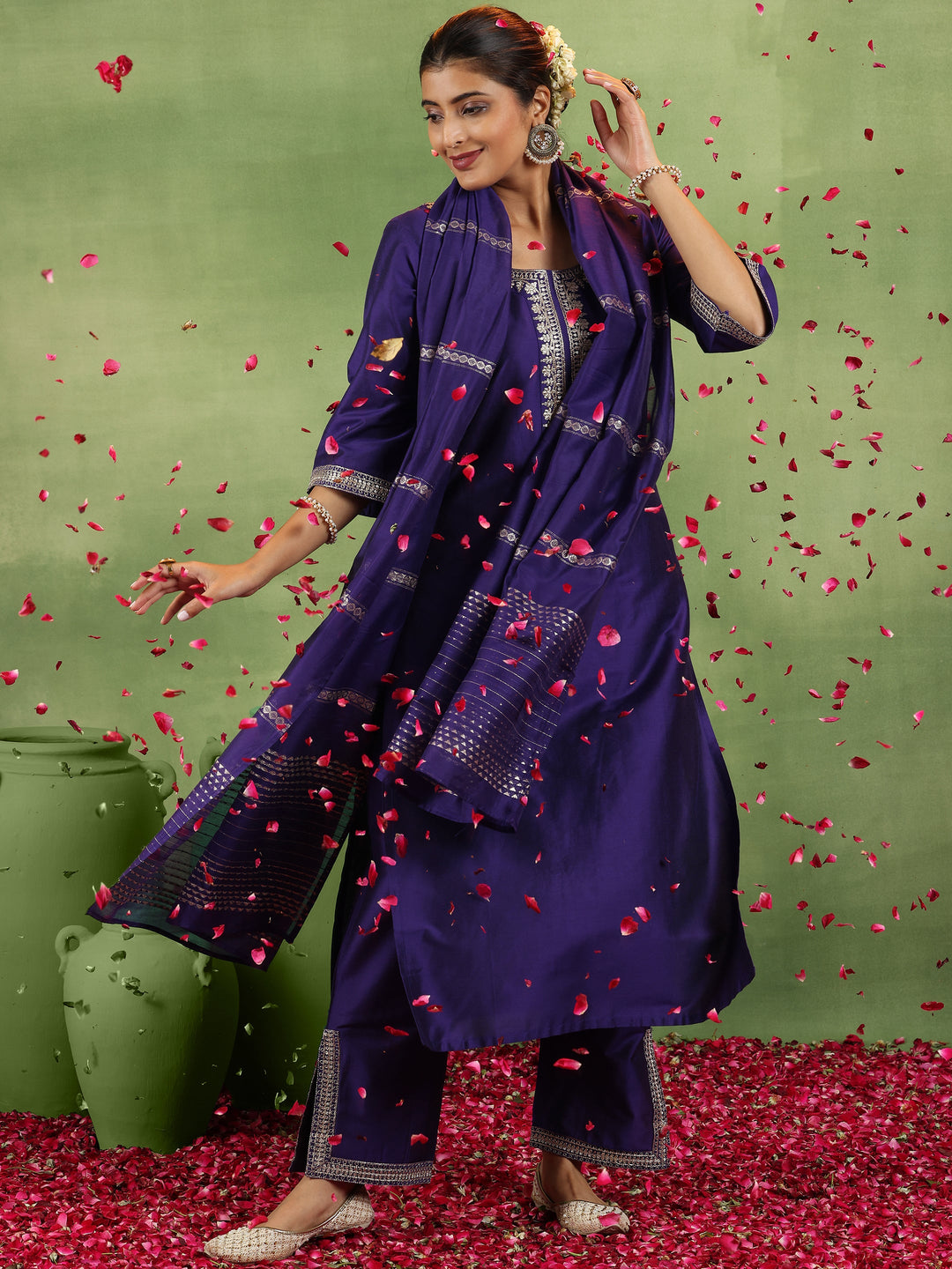 Purple Yoke Design Silk Blend Straight Suit With Dupatta