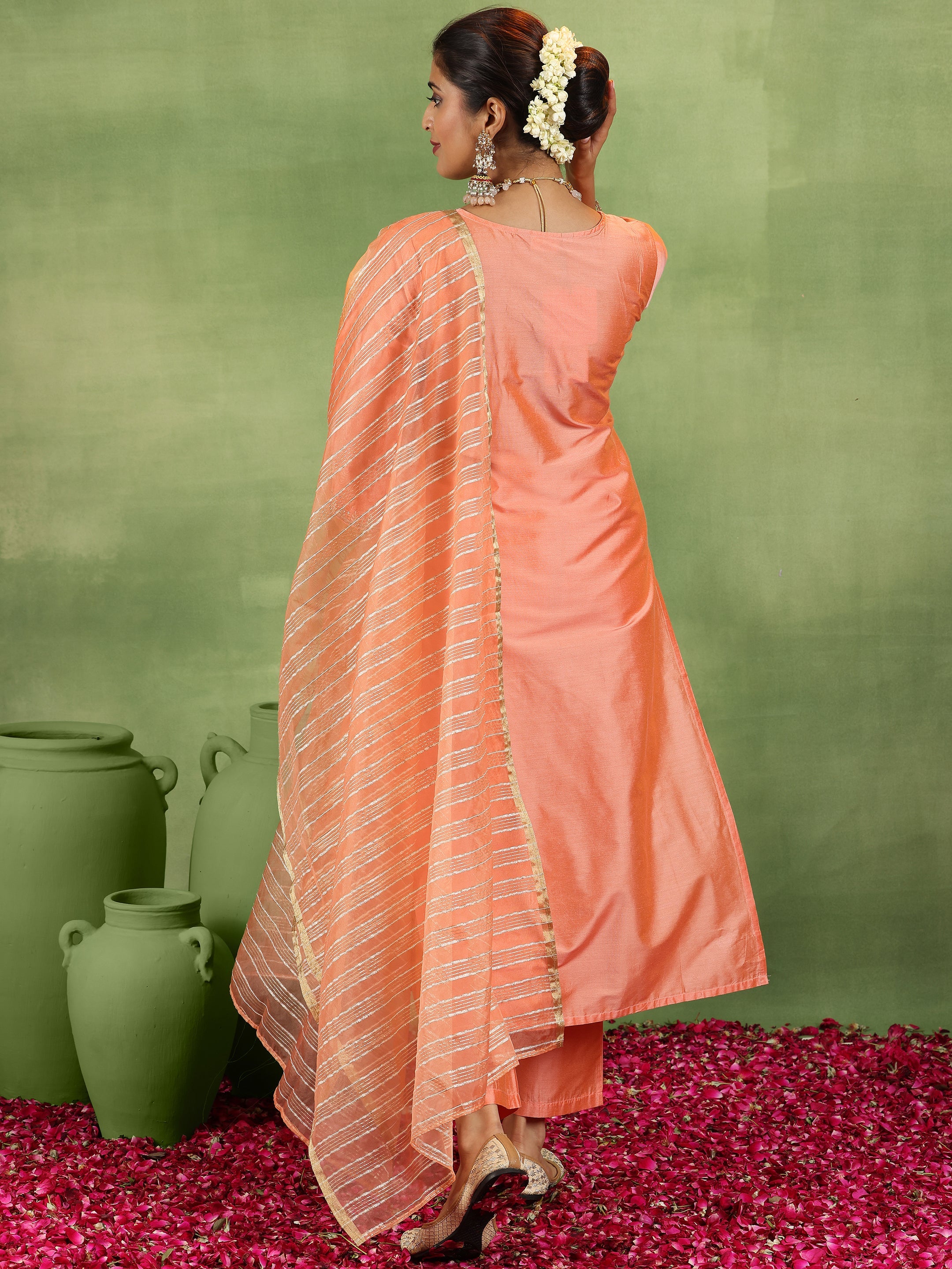 Peach Embroidered Silk Blend Straight Suit With Dupatta