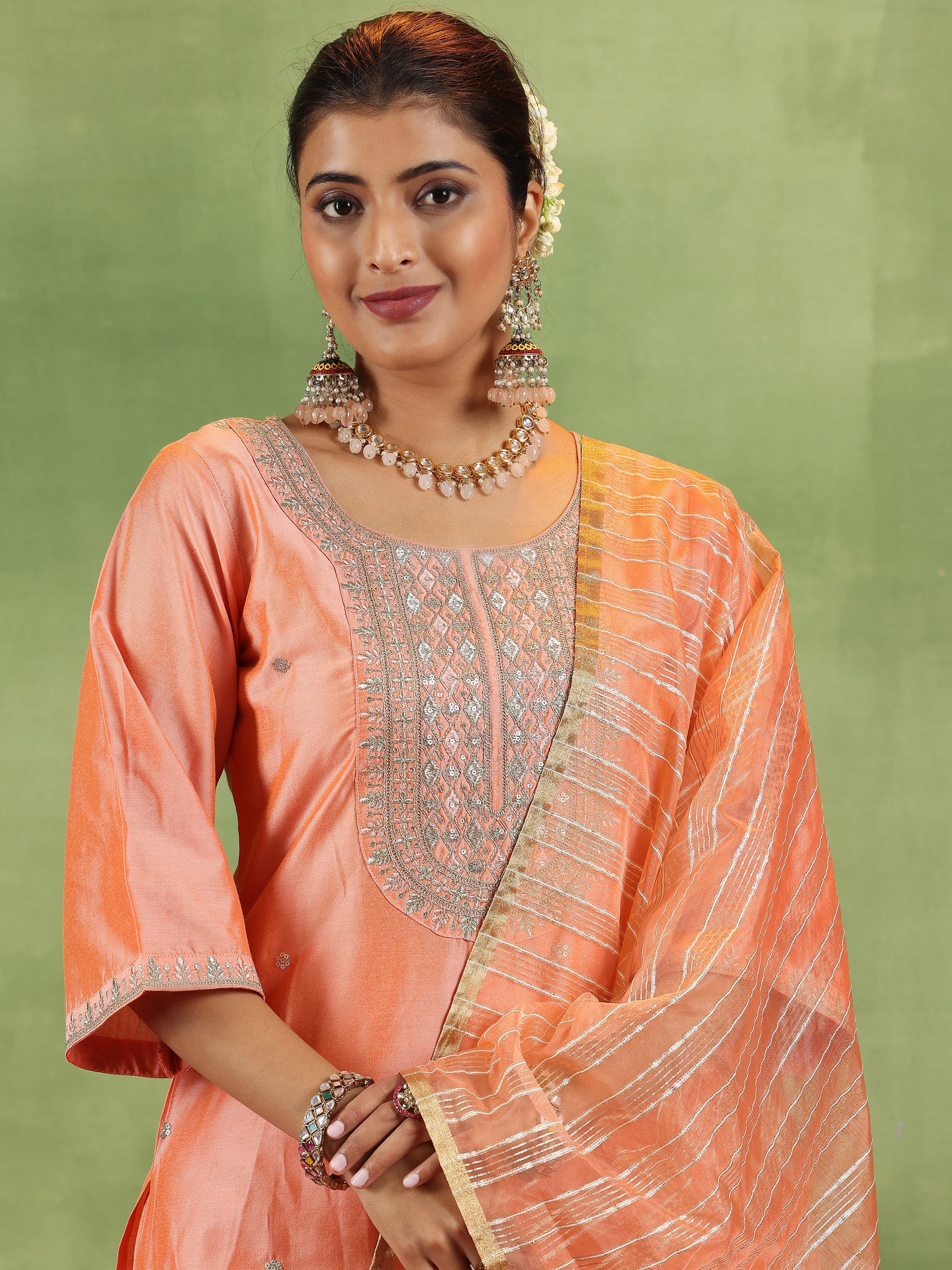 Peach Embroidered Silk Blend Straight Suit With Dupatta