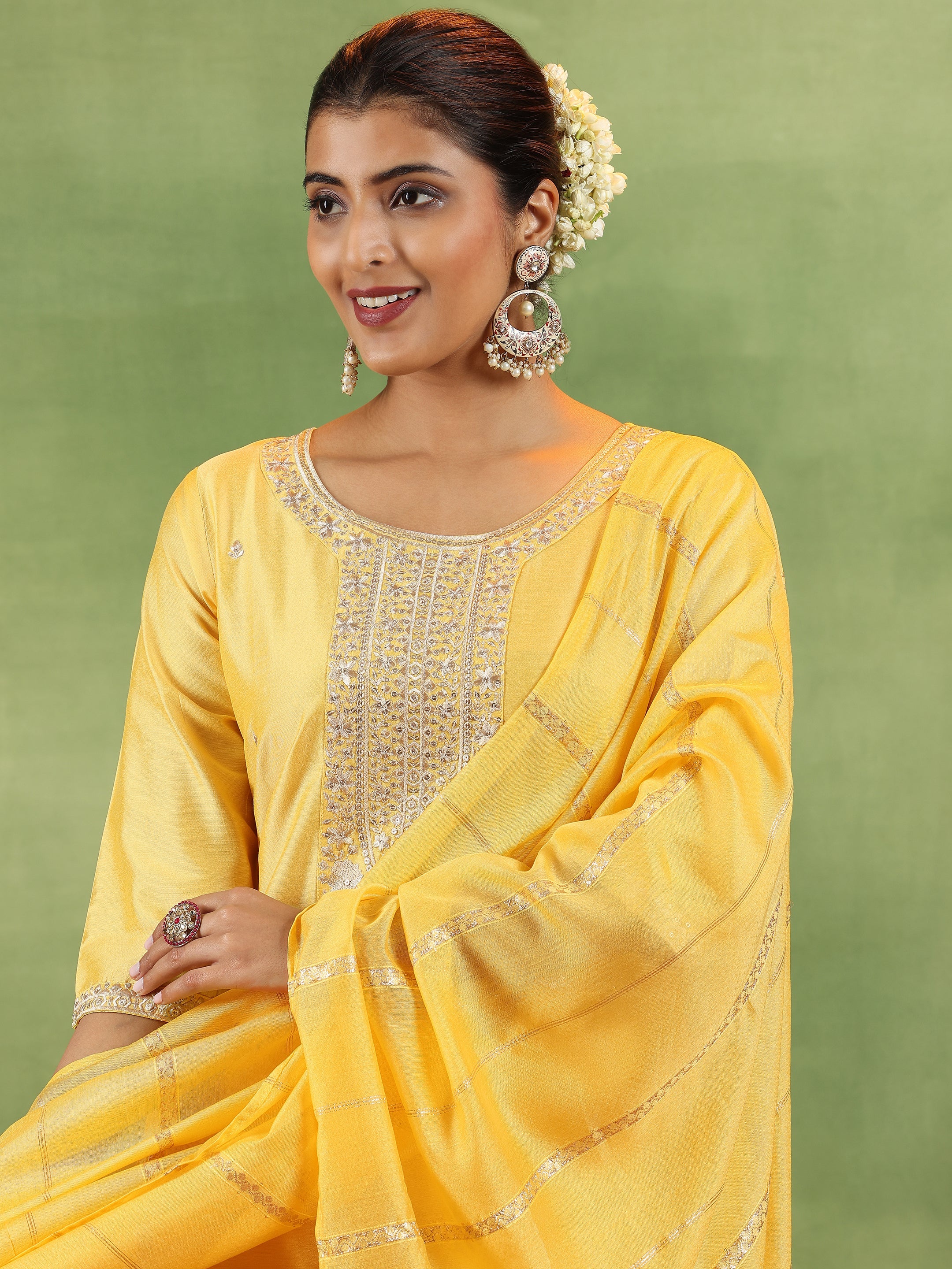 Yellow Embroidered Silk Blend Straight Suit With Dupatta