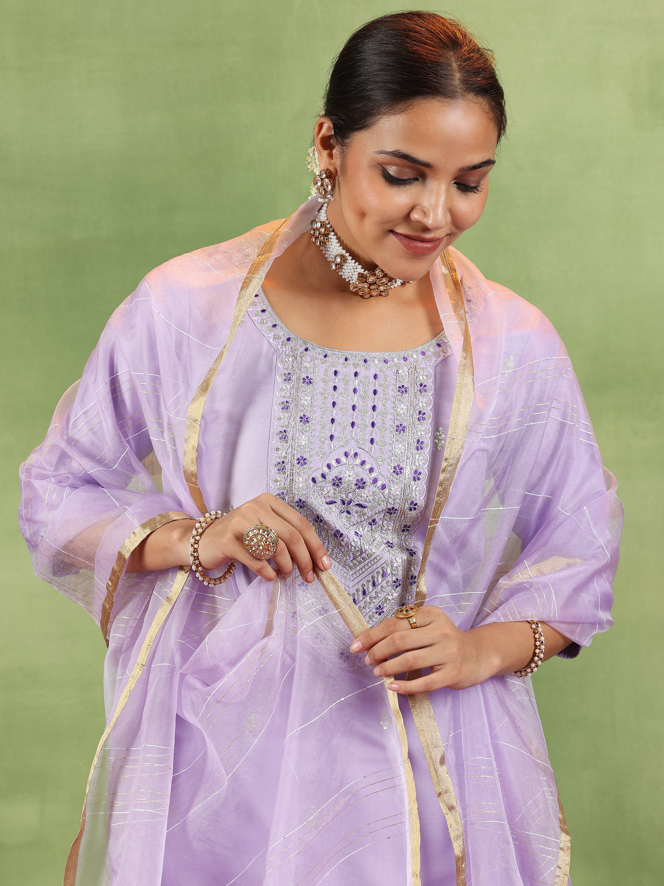 Lavender Embroidered Silk Blend Straight Suit With Dupatta